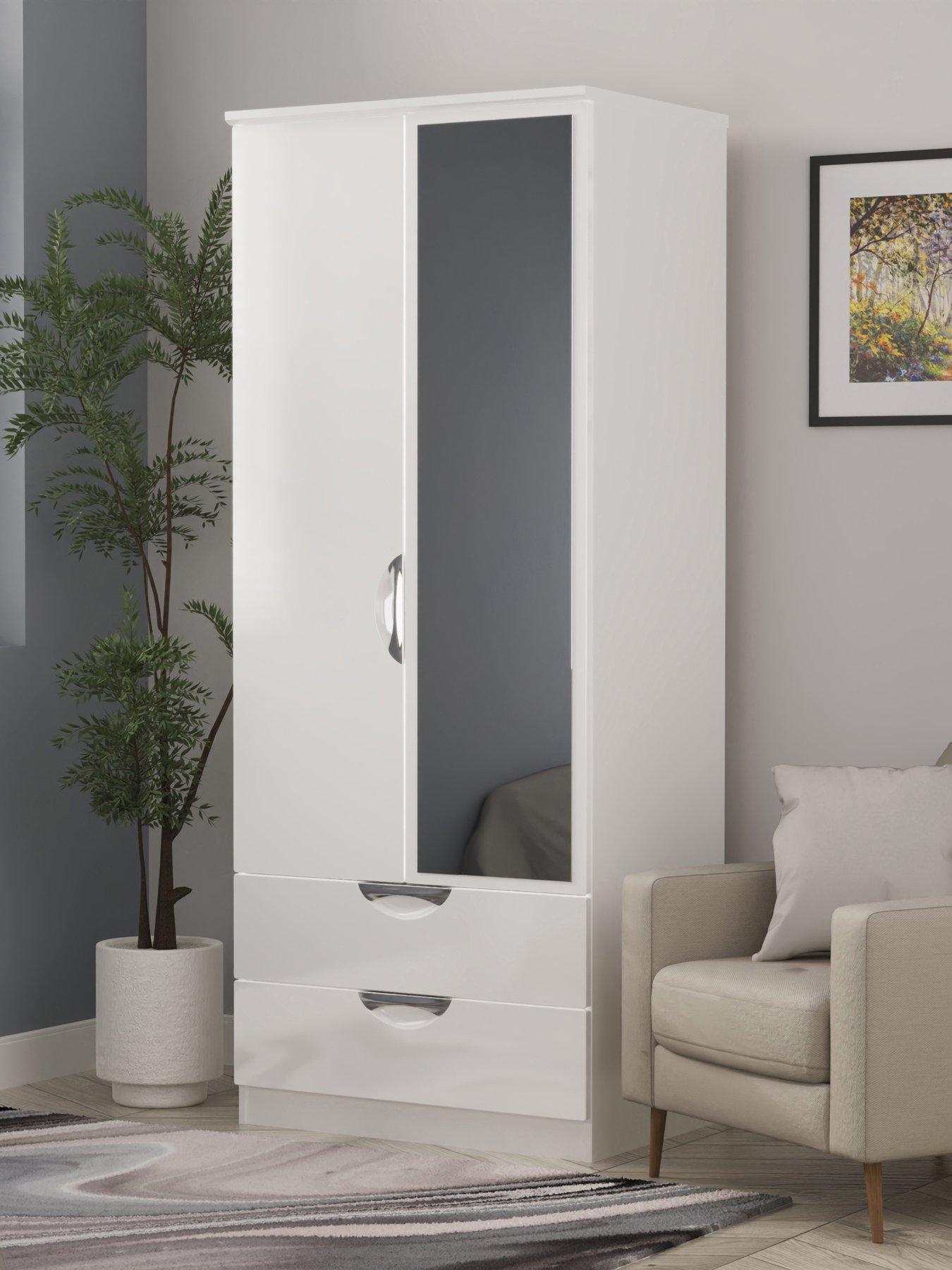 undefined Alva Ready Assembled 2 Door, 2 Drawer Gloss Mirrored Wardrobe - White