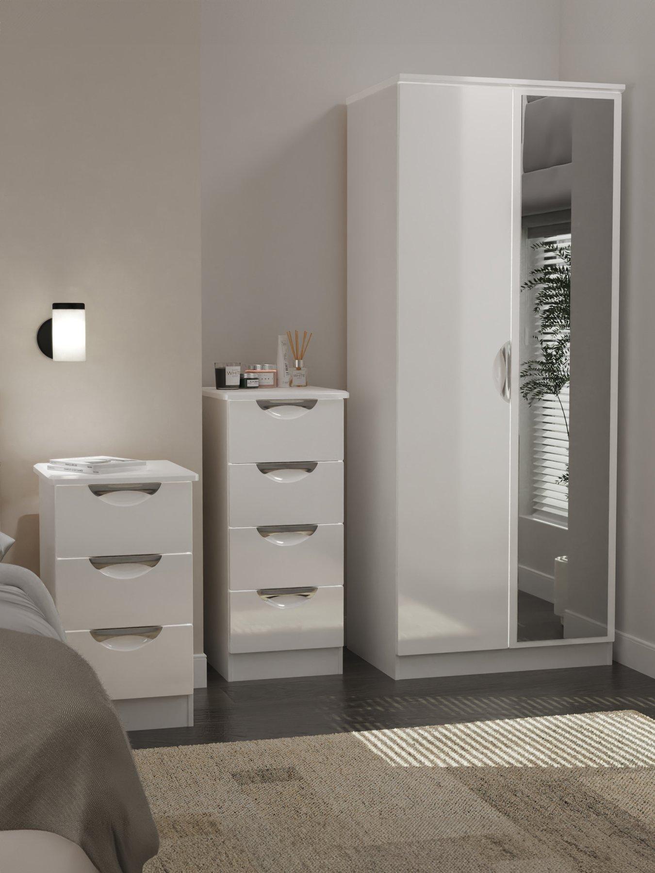 undefined Alva Ready Assembled 3 Piece Package - 2 Door Wardrobe, 4 Drawer Chest and a Bedside Chest - White