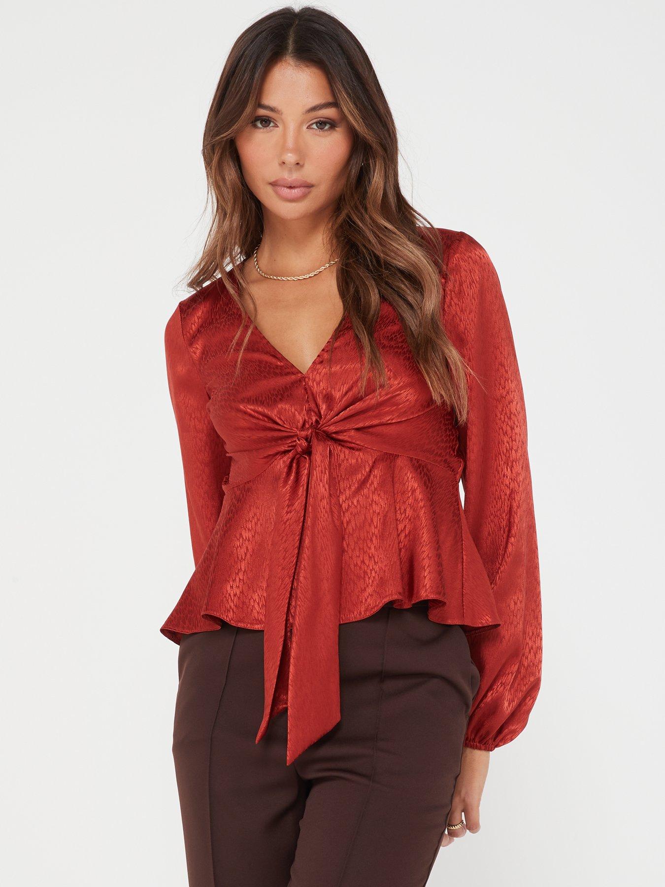 V by Very Jacquard Tie Detail Blouse - Brown