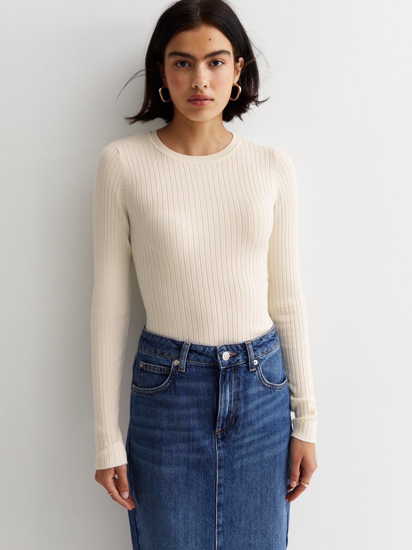 Off White Ribbed Knit Long Sleeve Top