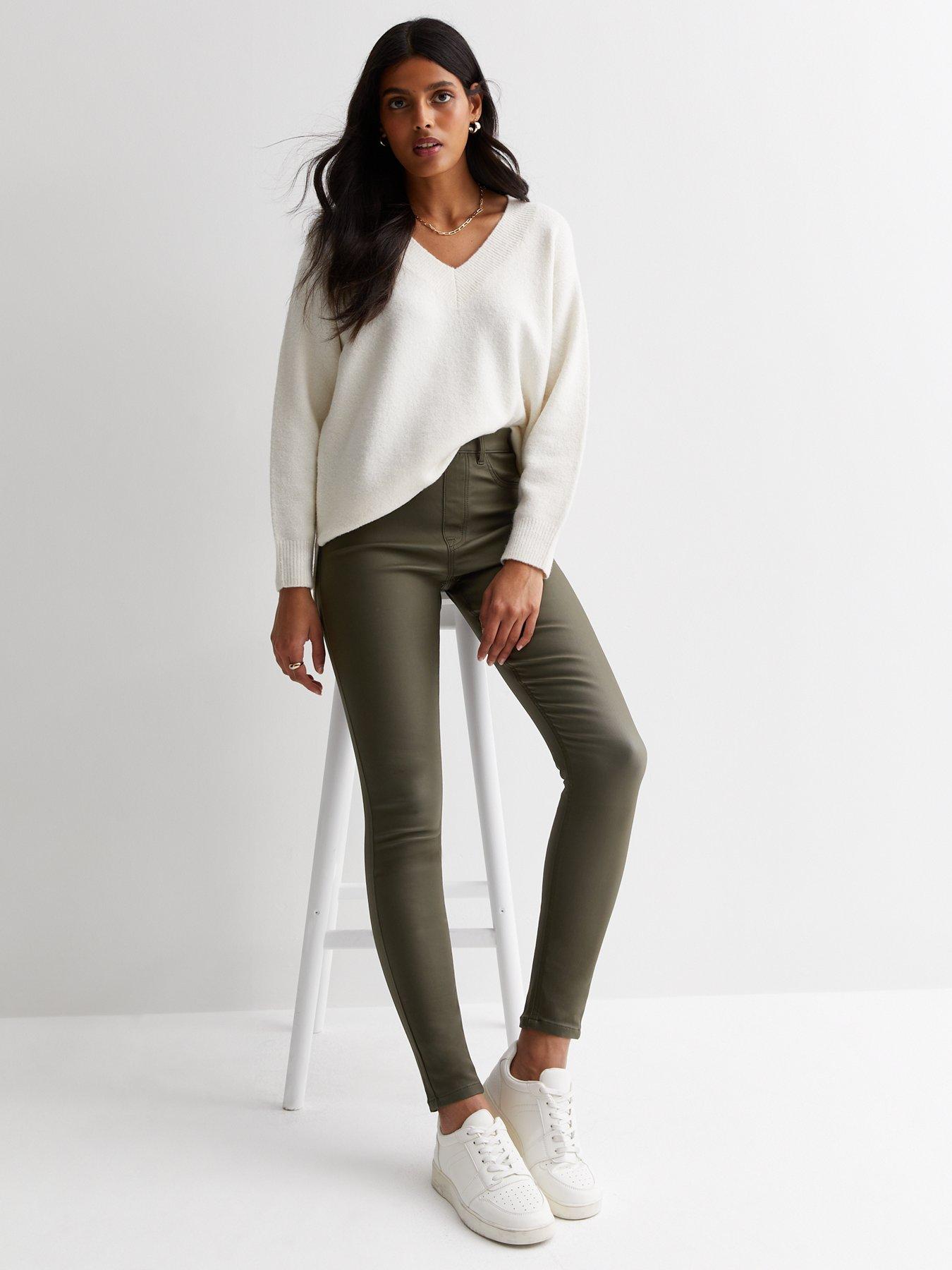 New Look Khaki Coated Leather-Look Mid Rise Lift & Shape Emilee Jeggings