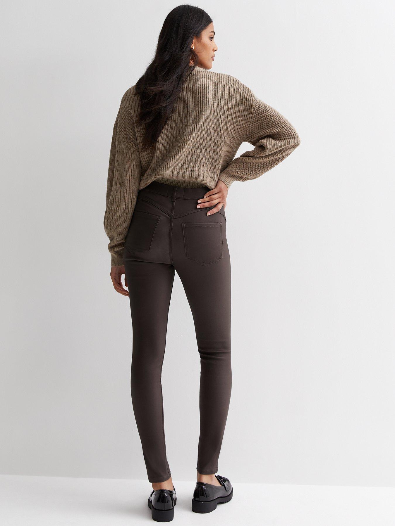 New Look Dark Brown Coated Leather-Look Mid Rise Lift & Shape Emilee  Jeggings