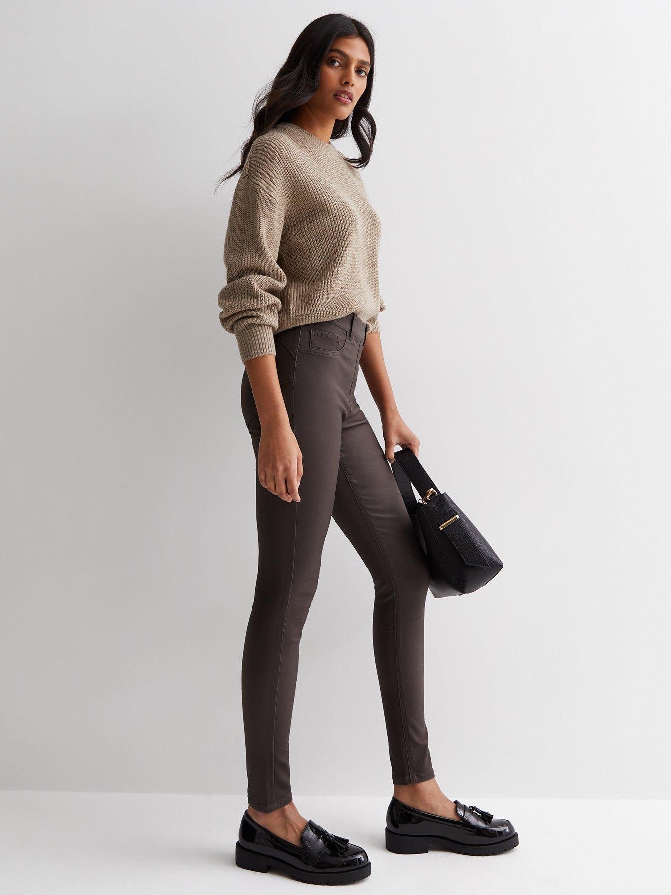 New Look Dark Brown Coated Leather-Look Mid Rise Lift & Shape Emilee  Jeggings