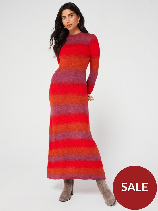 front image of v-by-very-maxi-knitted-stripe-dress-multi