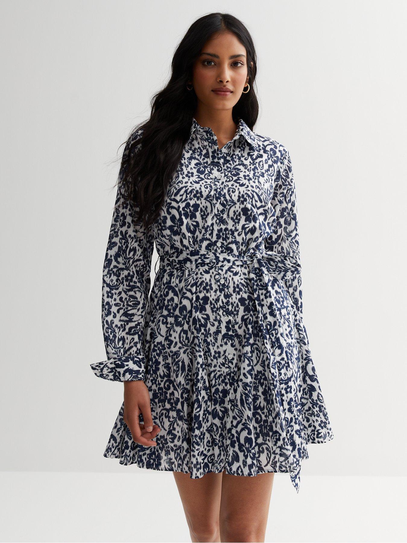 New Look Floral Long Sleeve Mini Shirt Dress Blue White littlewoods