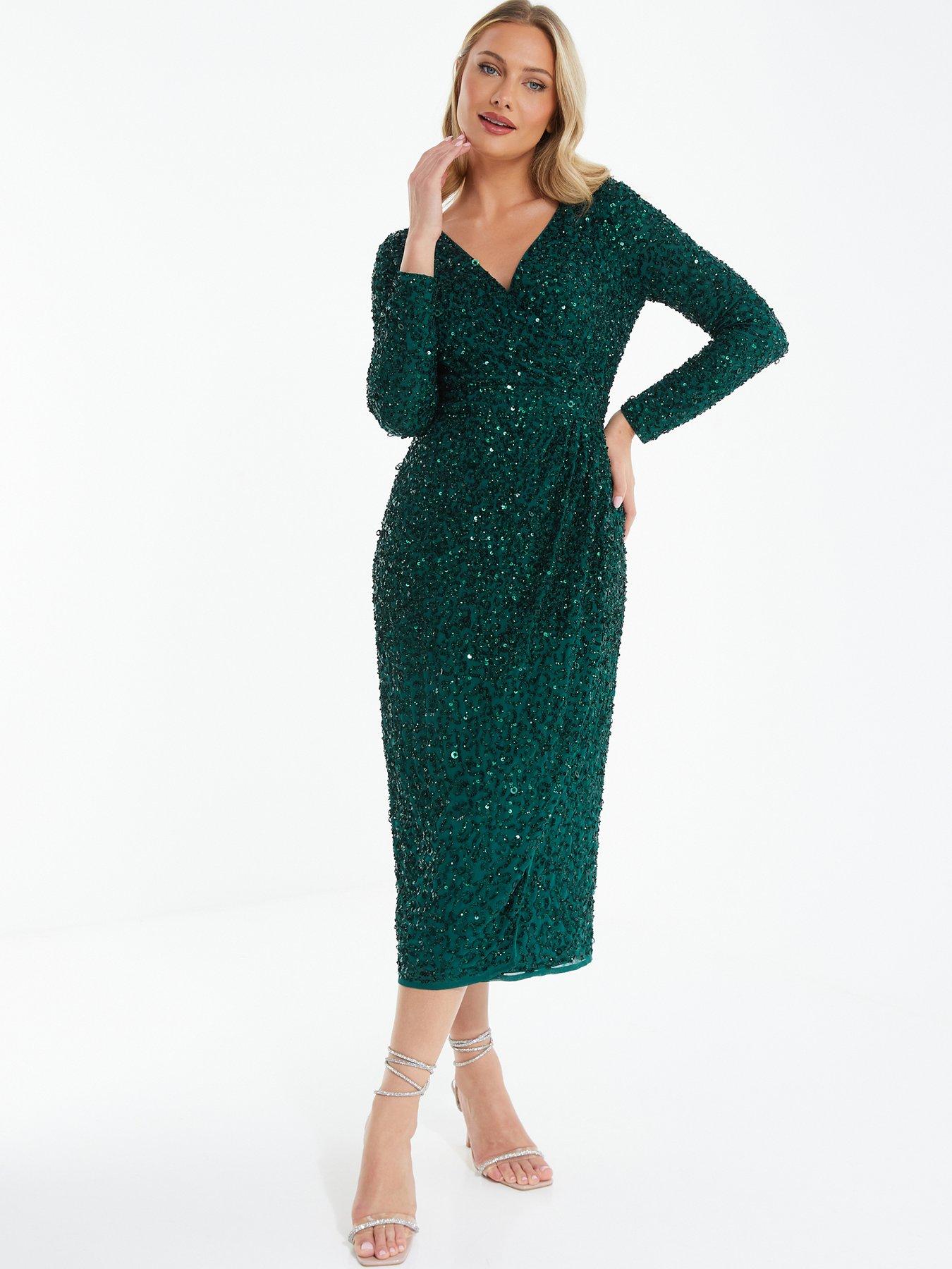 Quiz Green Sequin Long Sleeve Wrap Midi Dress