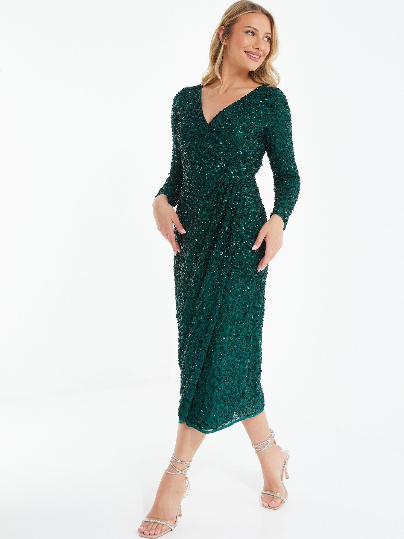 Green Sequin Long Sleeve Wrap Midi Dress