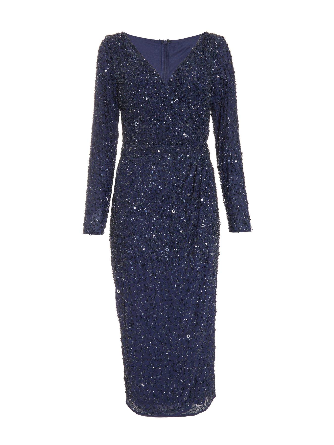 Image 5 of 6 of Quiz Navy Sequin Wrap Midi Dress
