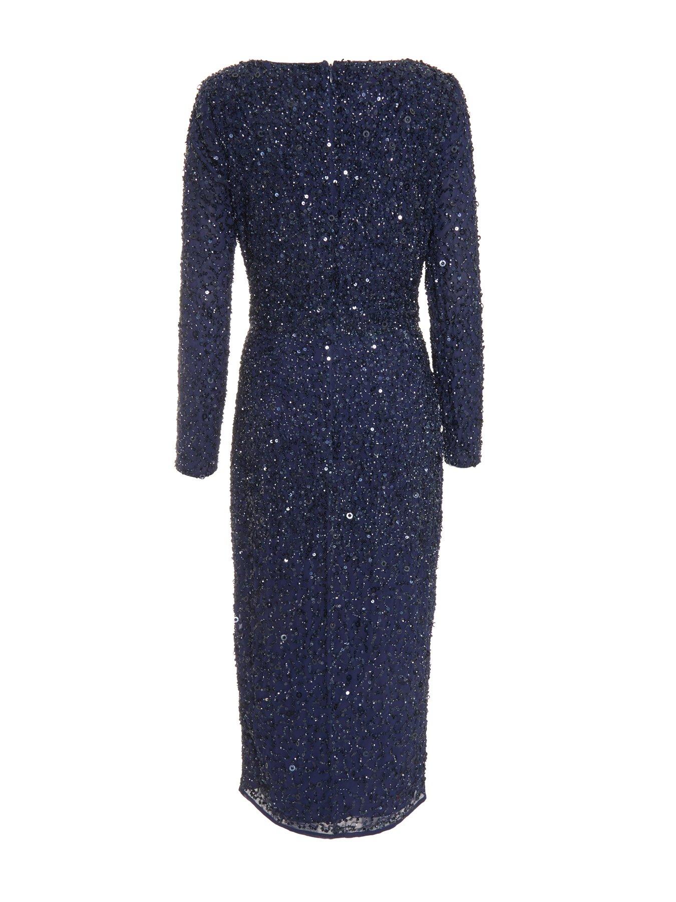 Image 6 of 6 of Quiz Navy Sequin Wrap Midi Dress