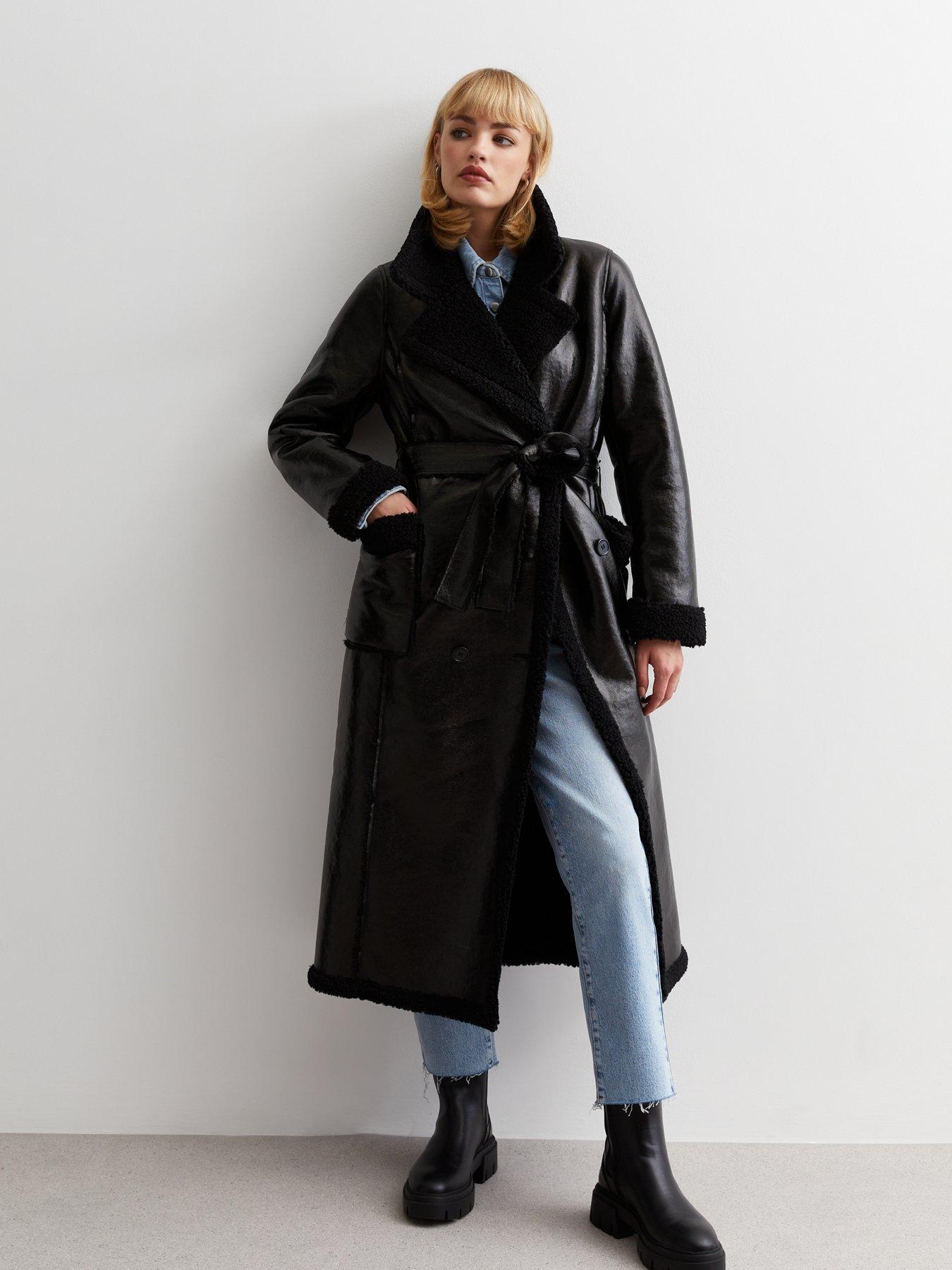 New Look Black Vinyl Belted Long Trench Coat littlewoods