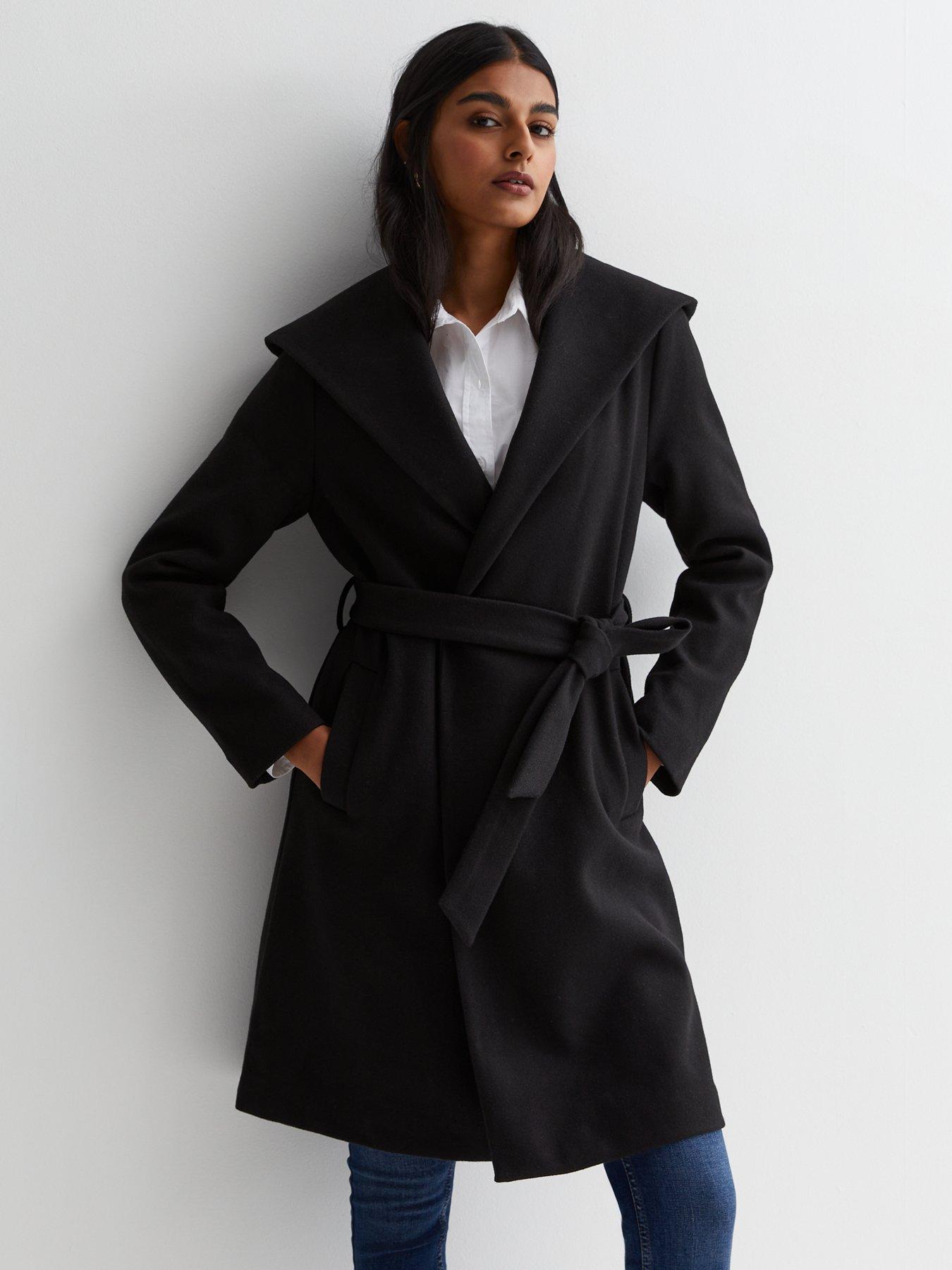 Black Hooded Unlined Belted Coat