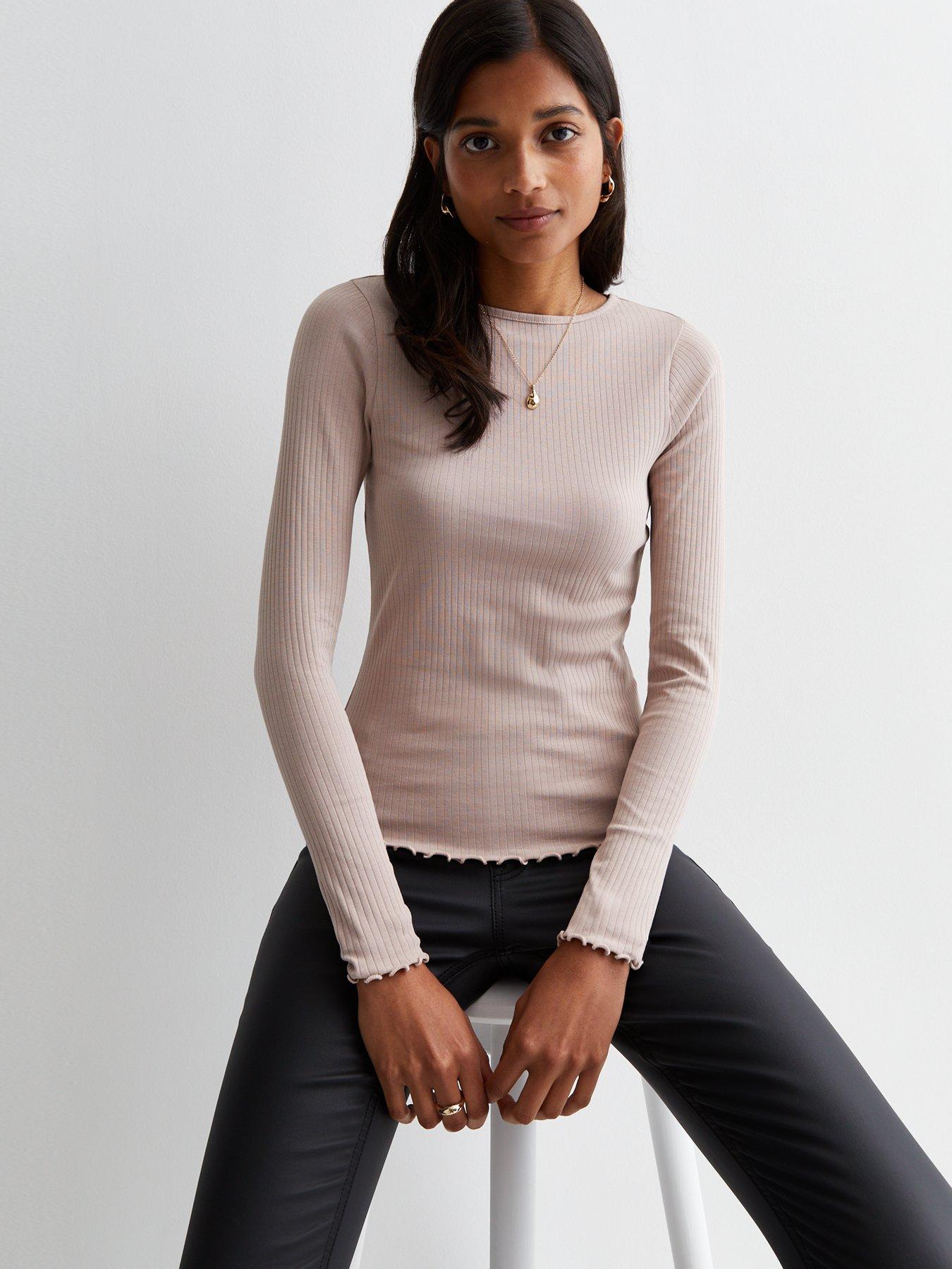 Stone Ribbed Frill Long Sleeve Top