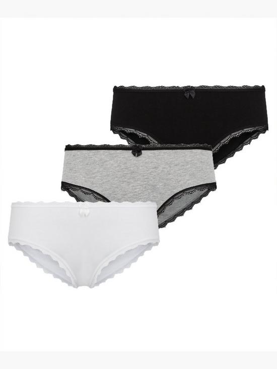 front image of new-look-3-pack-black-grey-and-white-lace-trim-short-briefs