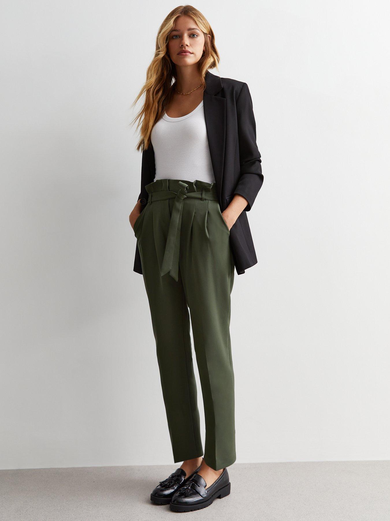 Khaki High Waist Paperbag Trousers