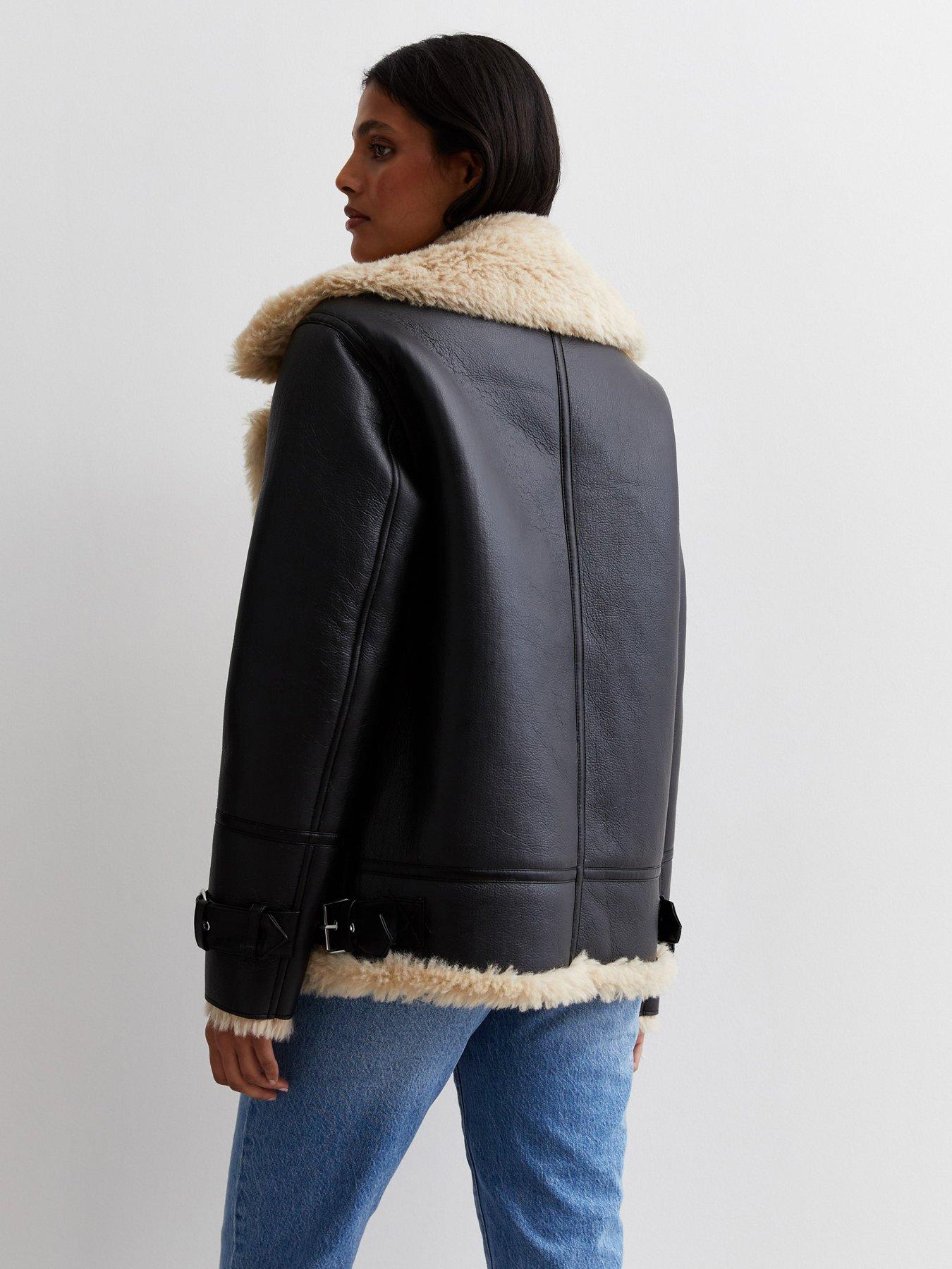 New Look Black Leather-Look Faux Fur Trim Aviator Jacket