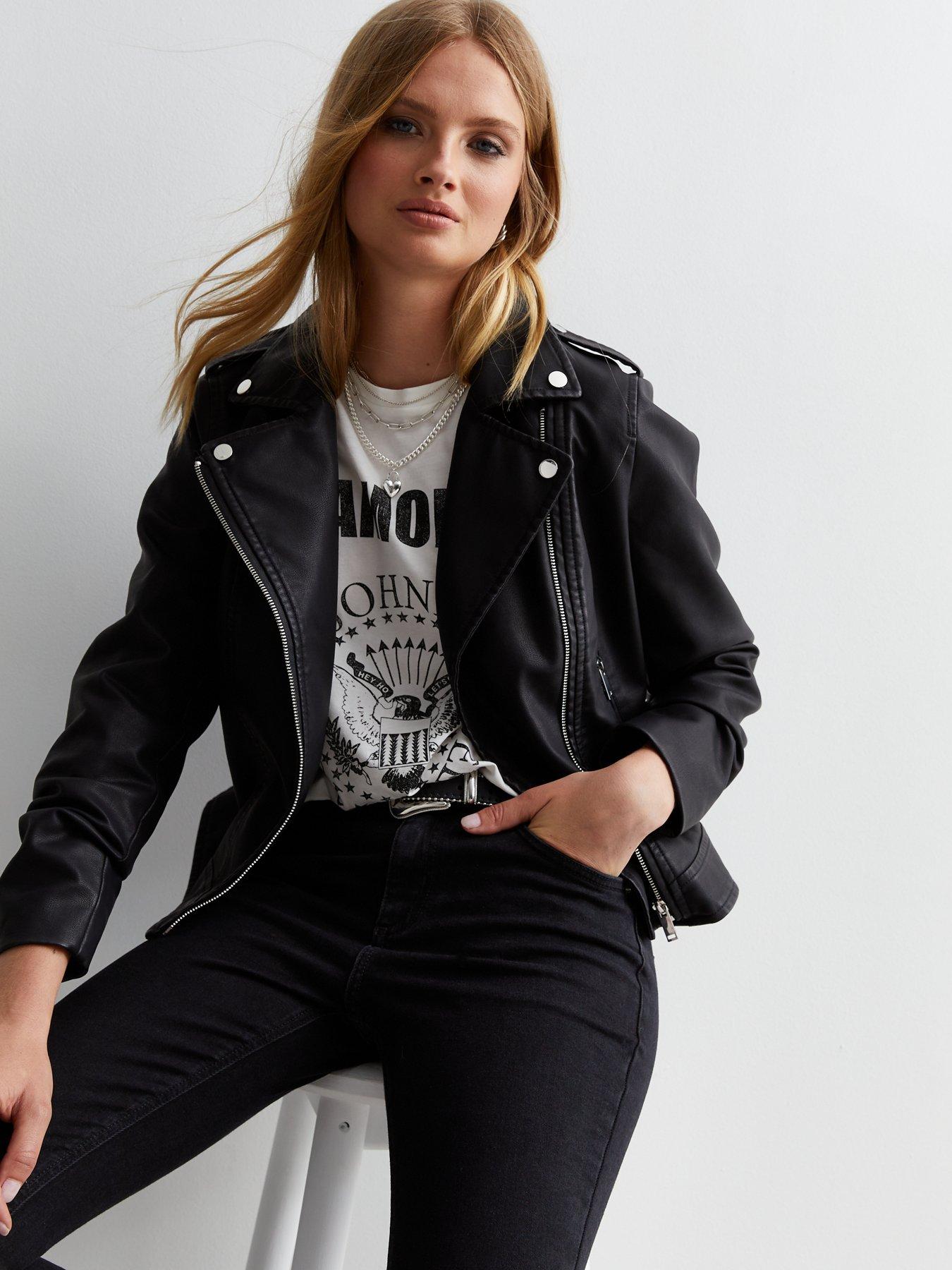 New Look Leather Look Biker Jacket Black littlewoods