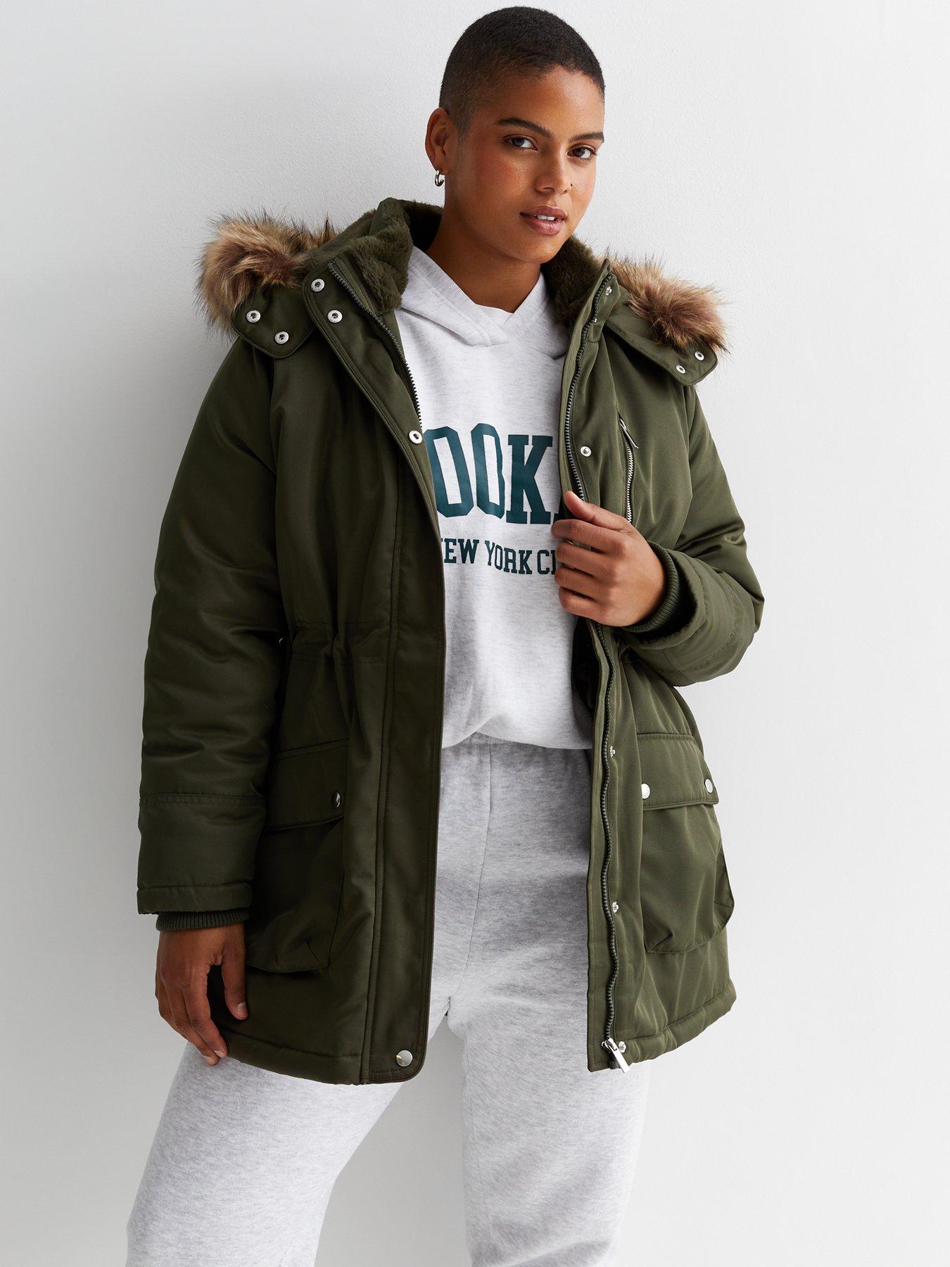 Khaki faux fur discount trim hooded parka