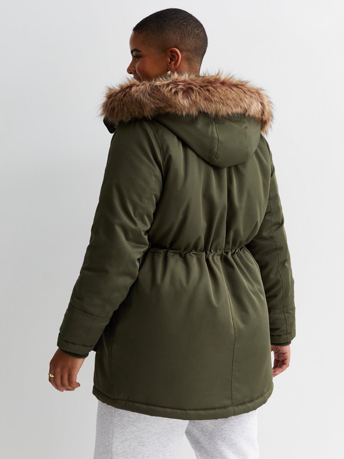 Khaki faux fur trim clearance hooded parka