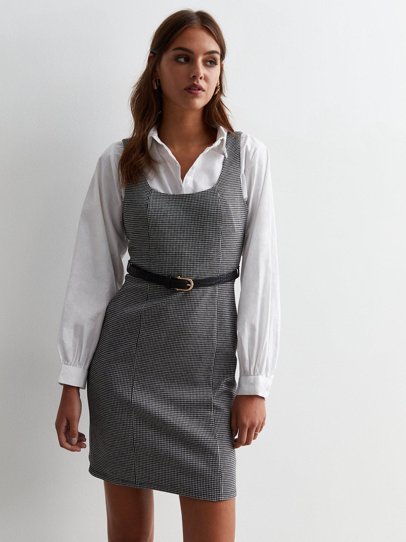 Light Grey Check Belted Mini Pinafore Dress