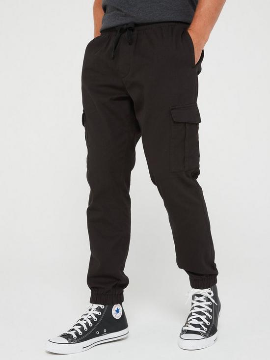 front image of brave-soul-cuffed-cargo-trouser-black