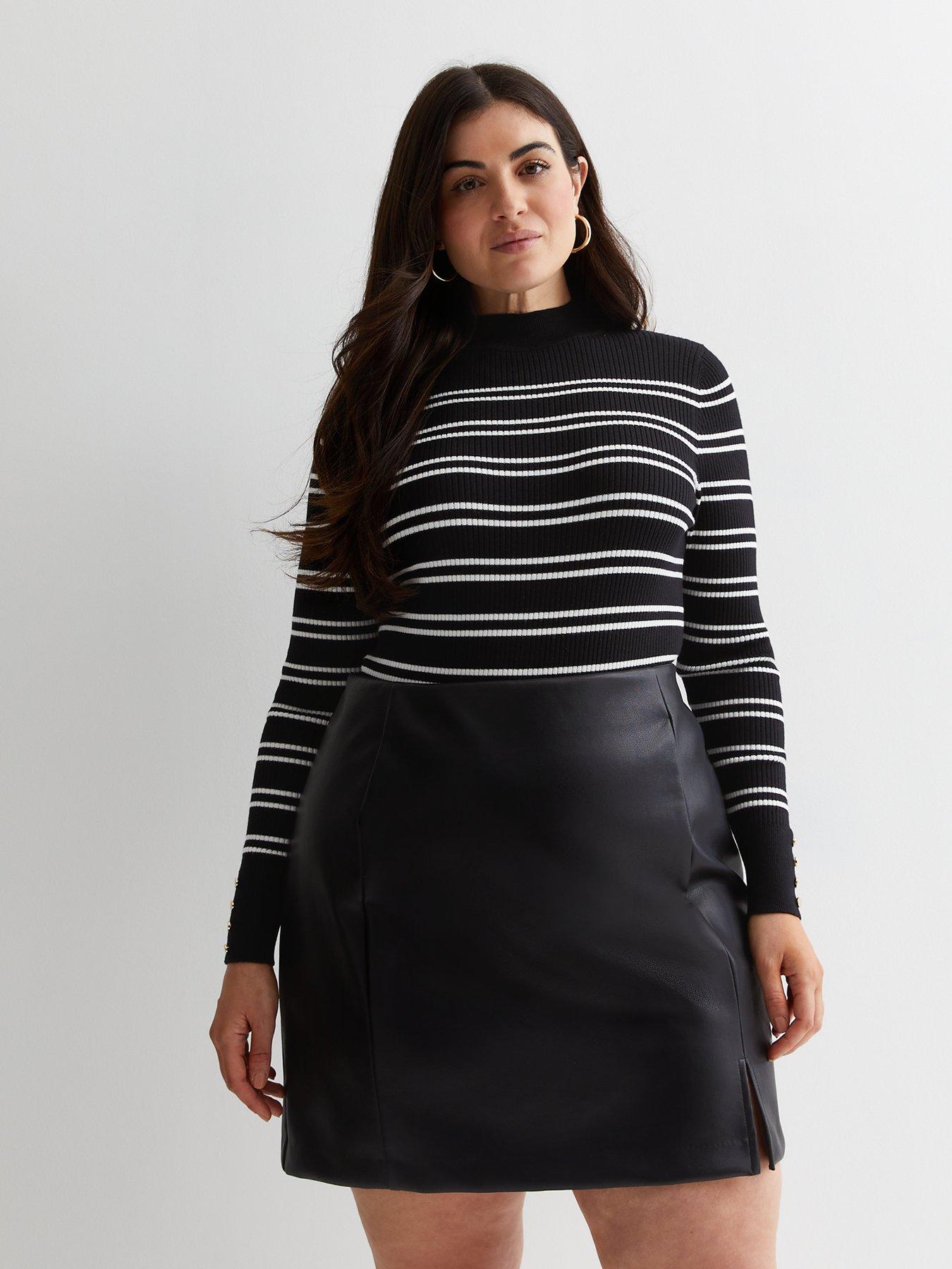 Curves Black Leather-Look Split Hem Mini Skirt