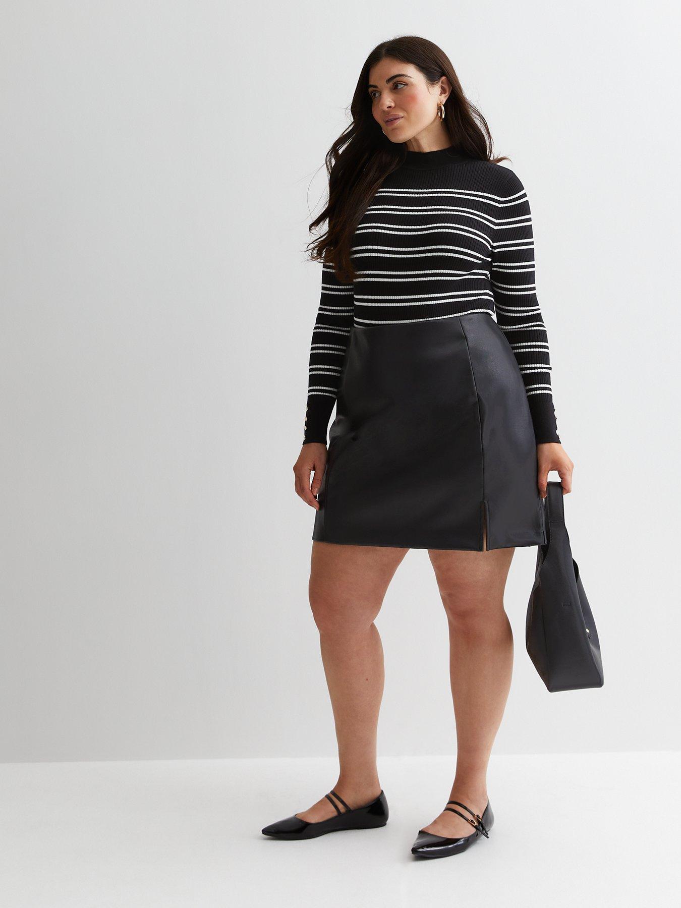 New Look Curves Black Leather-Look Split Hem Mini Skirt