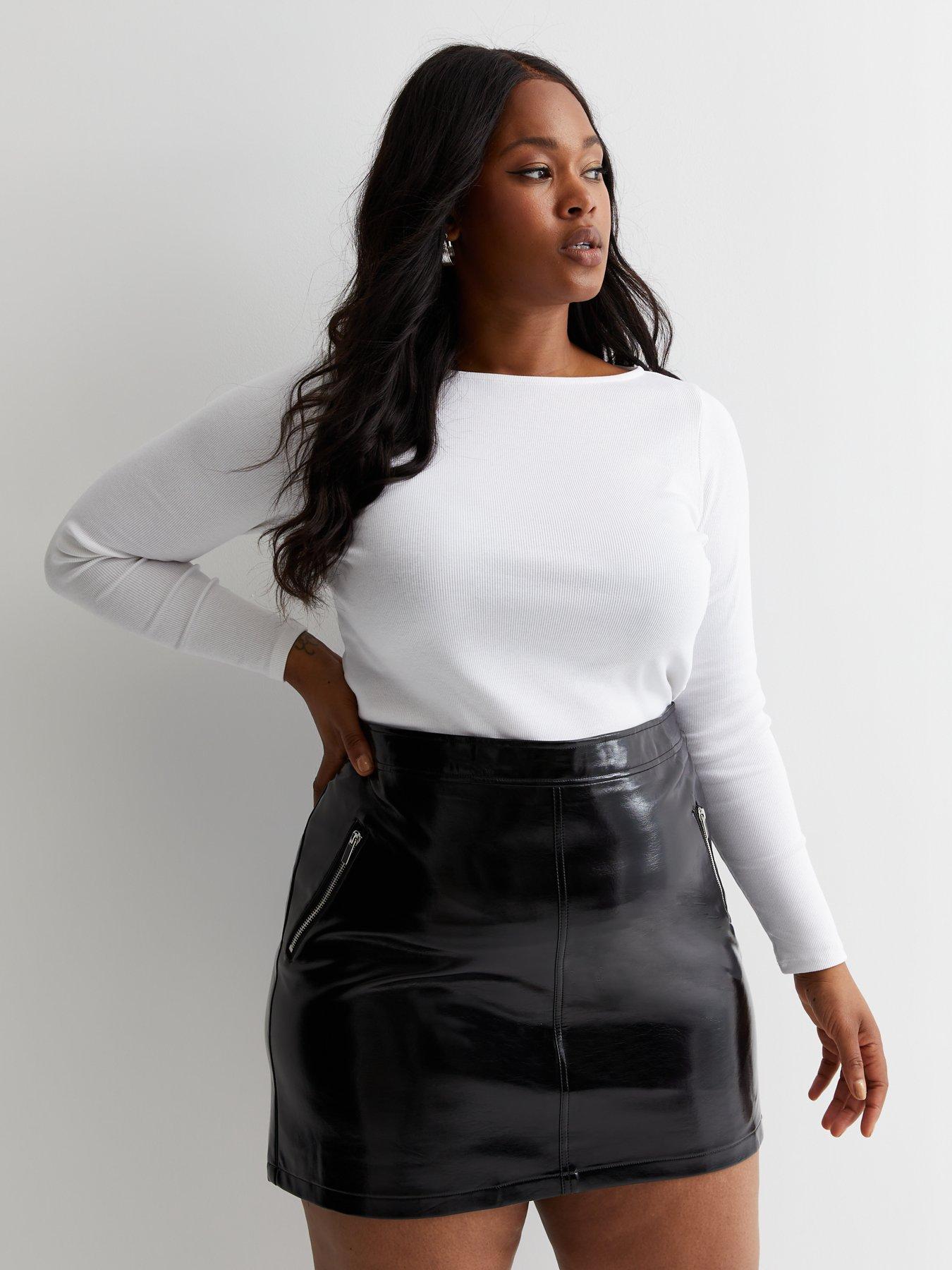 Plus size black leather skirt long hotsell