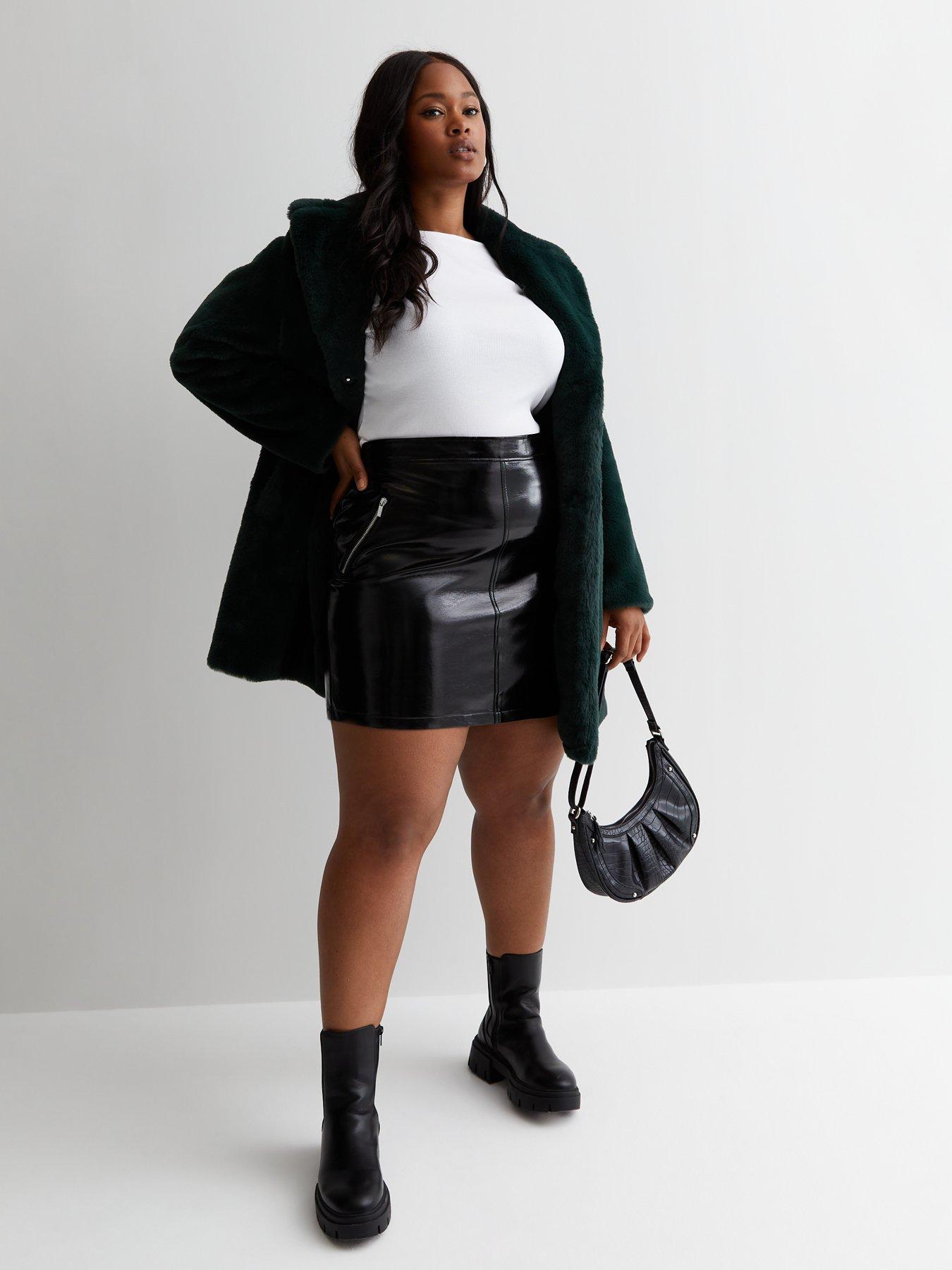 Curves Black Leather Look Zip Detail Mini Skirt