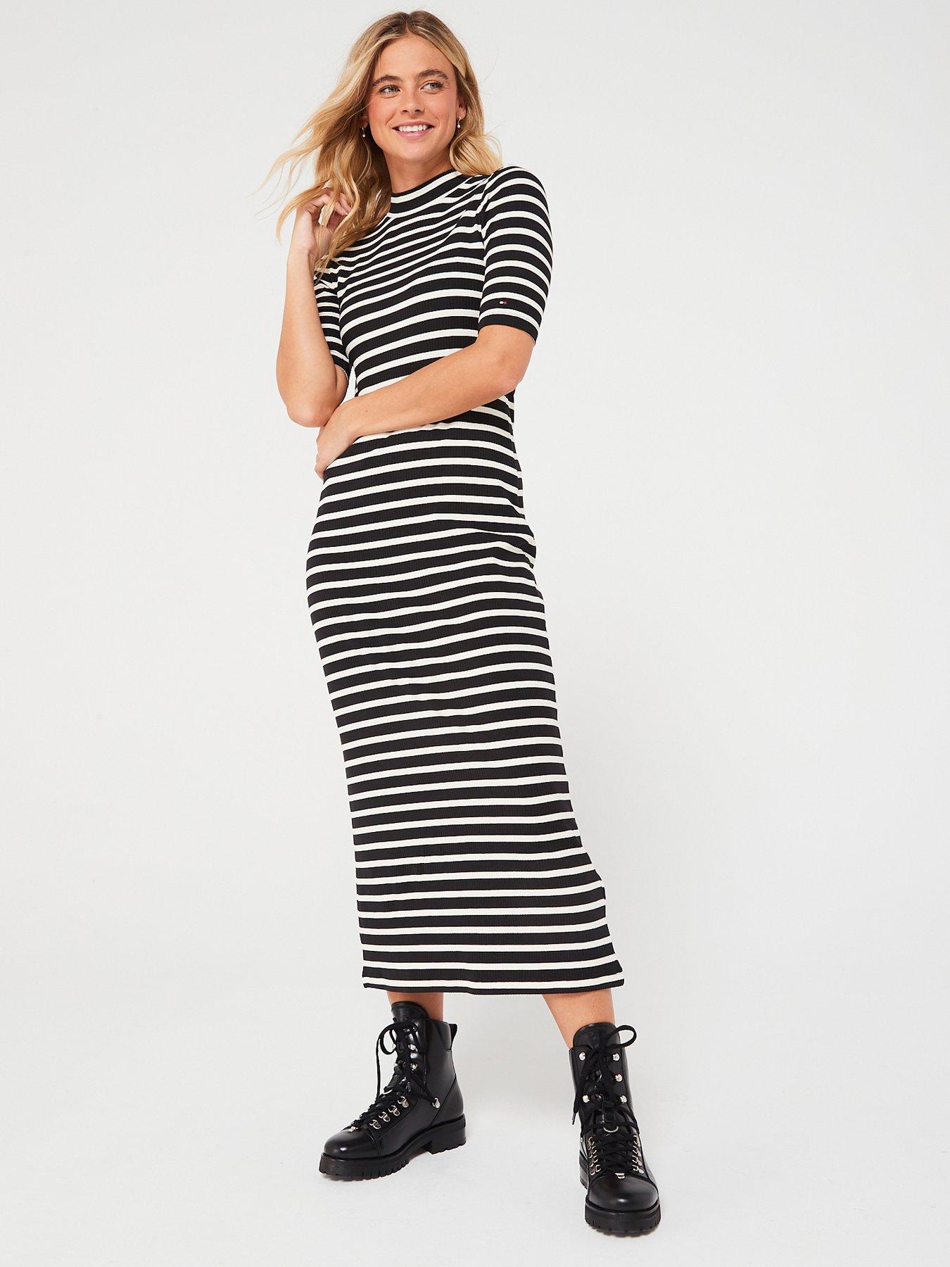 front image of tommy-hilfiger-ribbed-stripe-short-sleeve-midi-dress-black