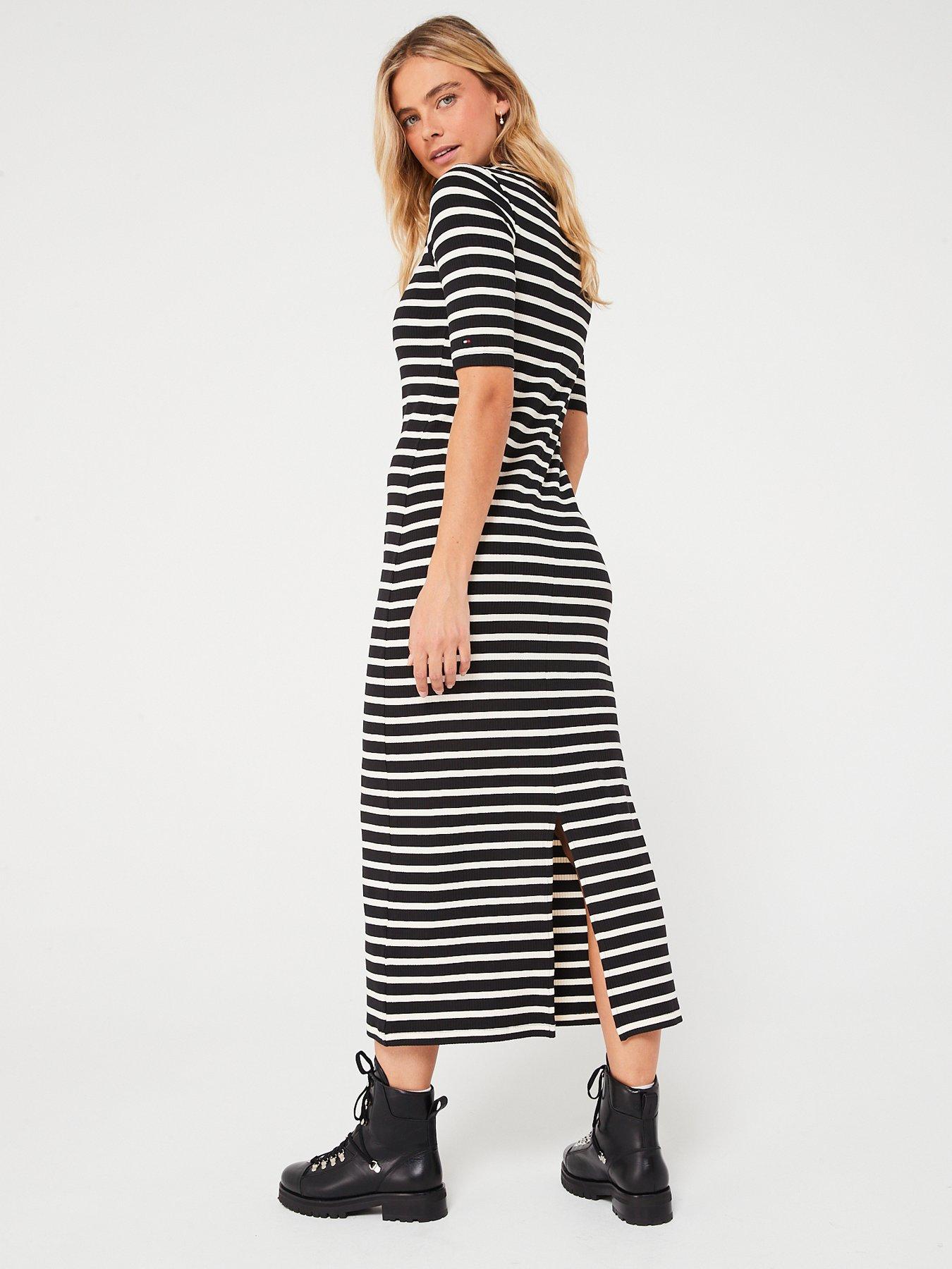  image of tommy-hilfiger-ribbed-stripe-short-sleeve-midi-dress-black