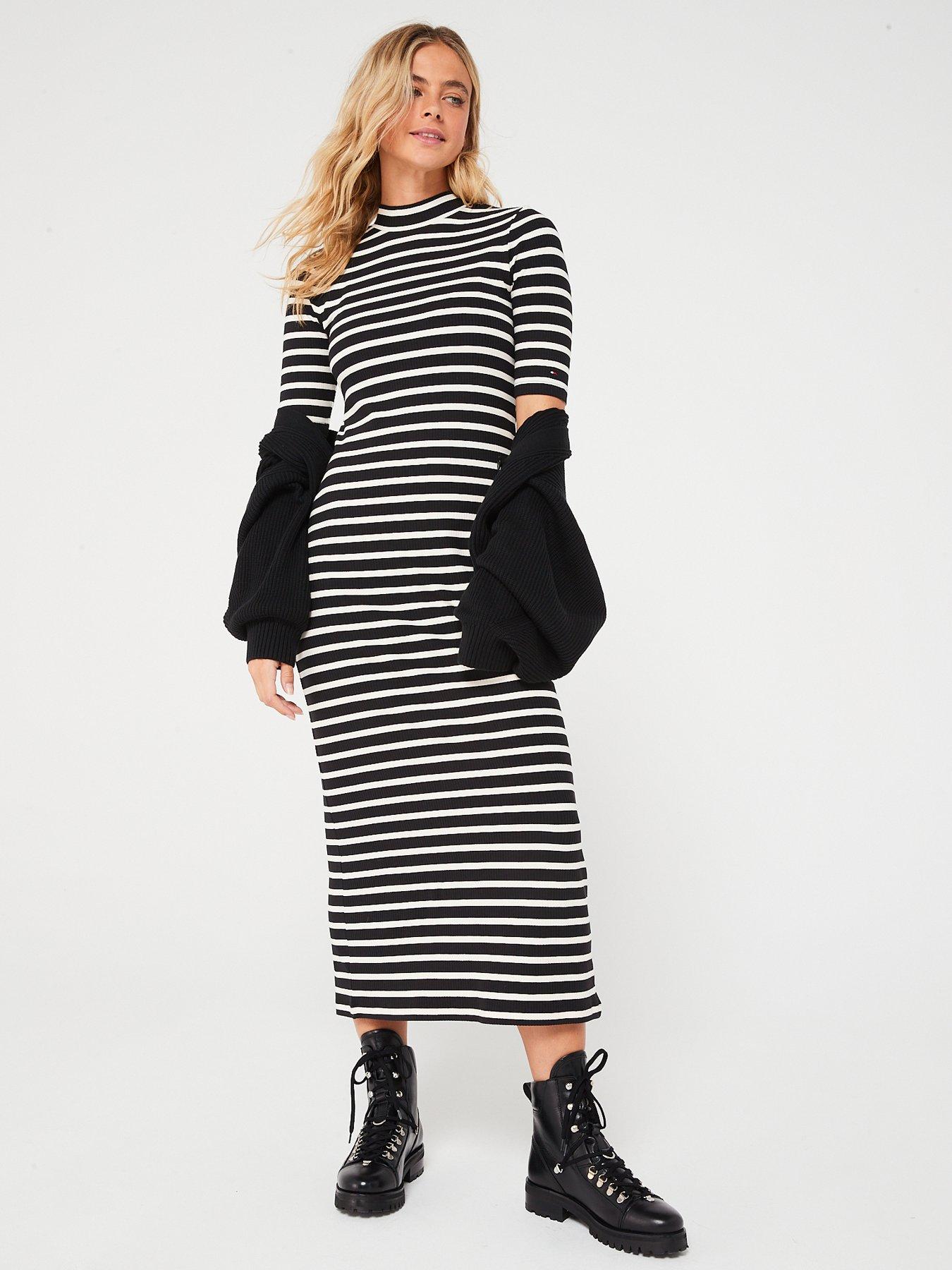  image of tommy-hilfiger-ribbed-stripe-short-sleeve-midi-dress-black