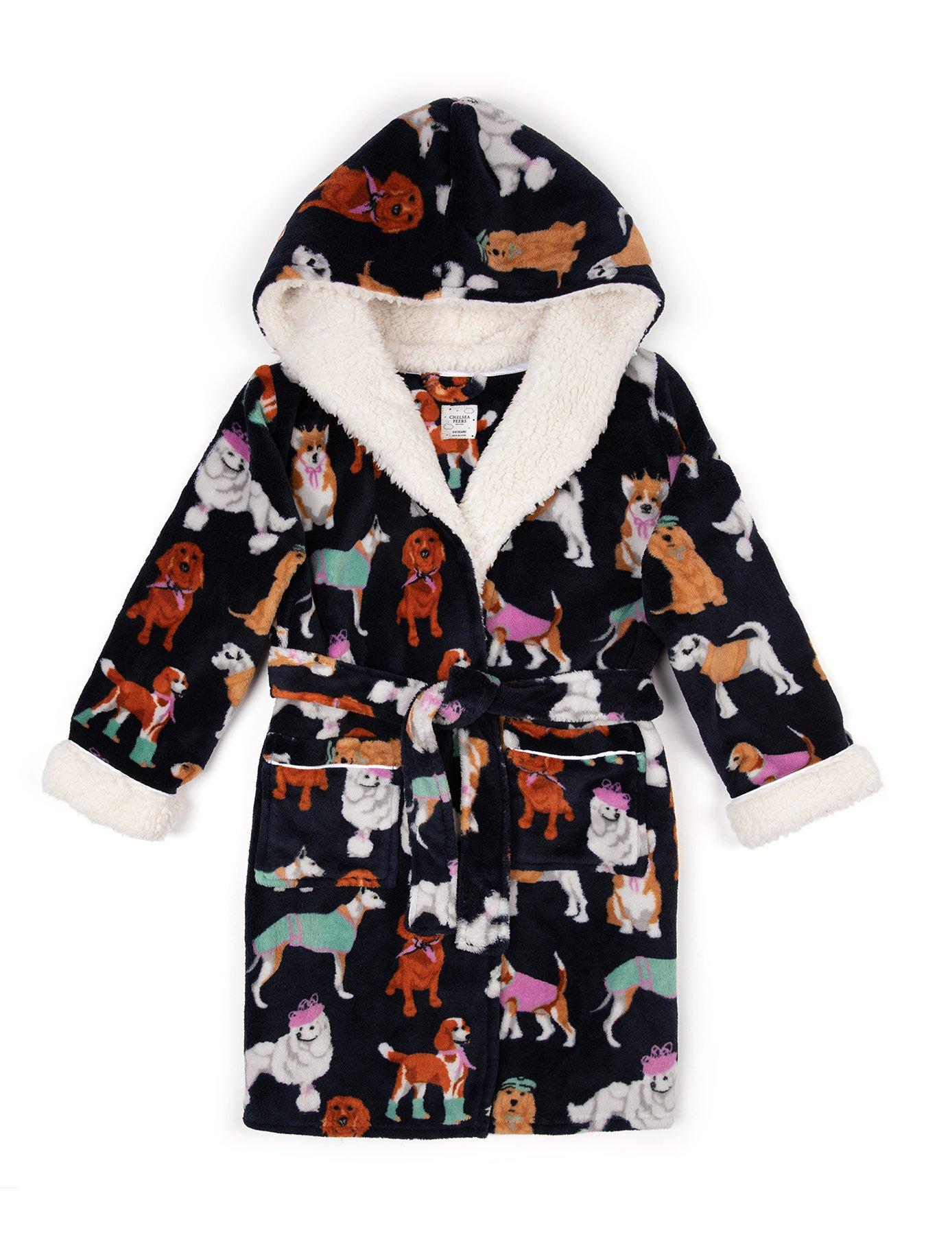 Chelsea Peers Unisex Kids Posh Dogs Fleece Dressing Gown Navy