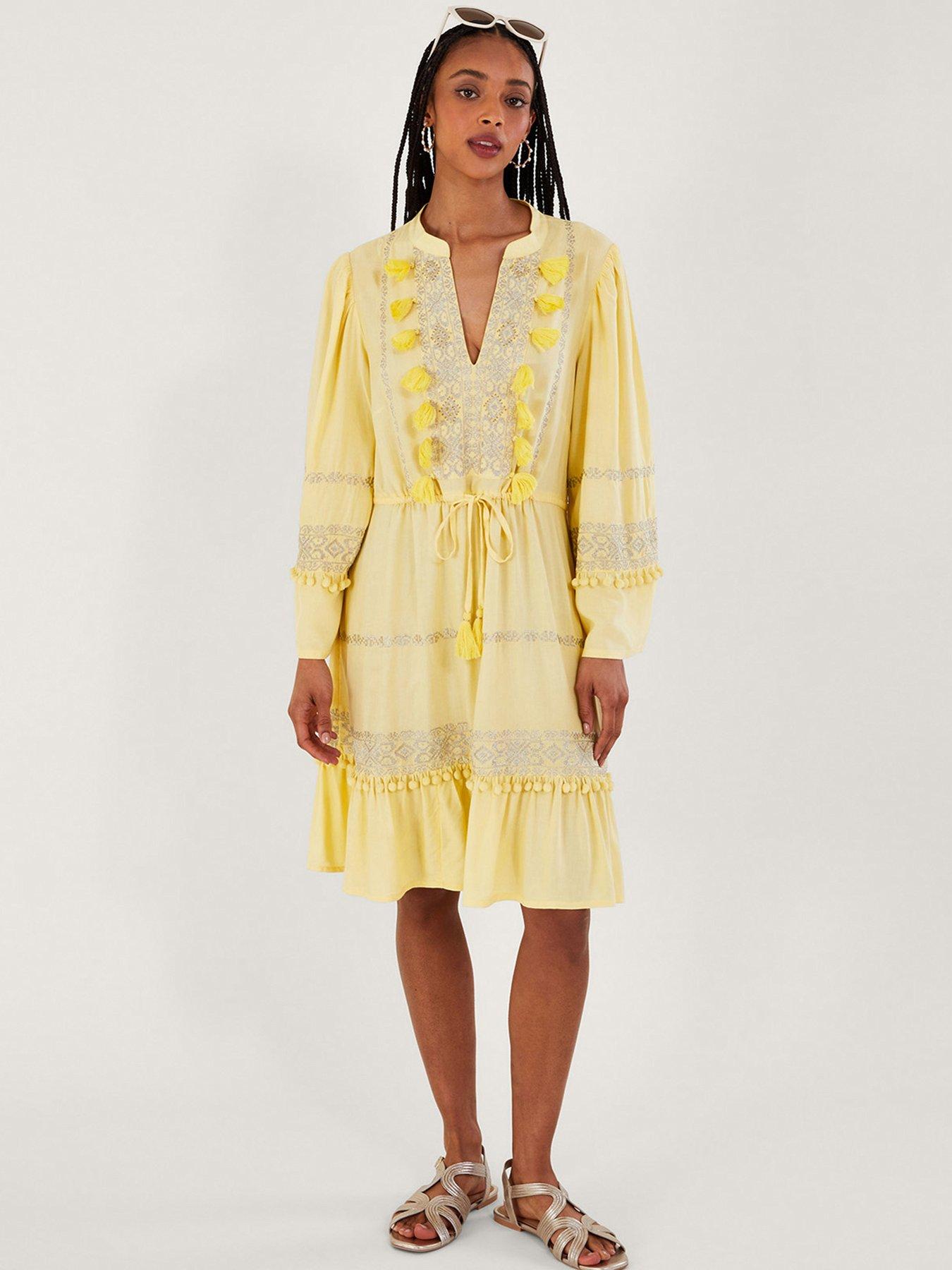 Monsoon Embroidered And Pom Kaftan Dress - Yellow