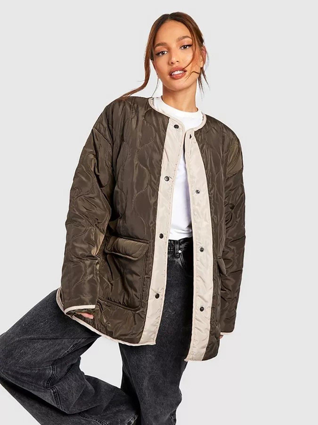 Boohoo Quilted Oversized Jacket Khaki