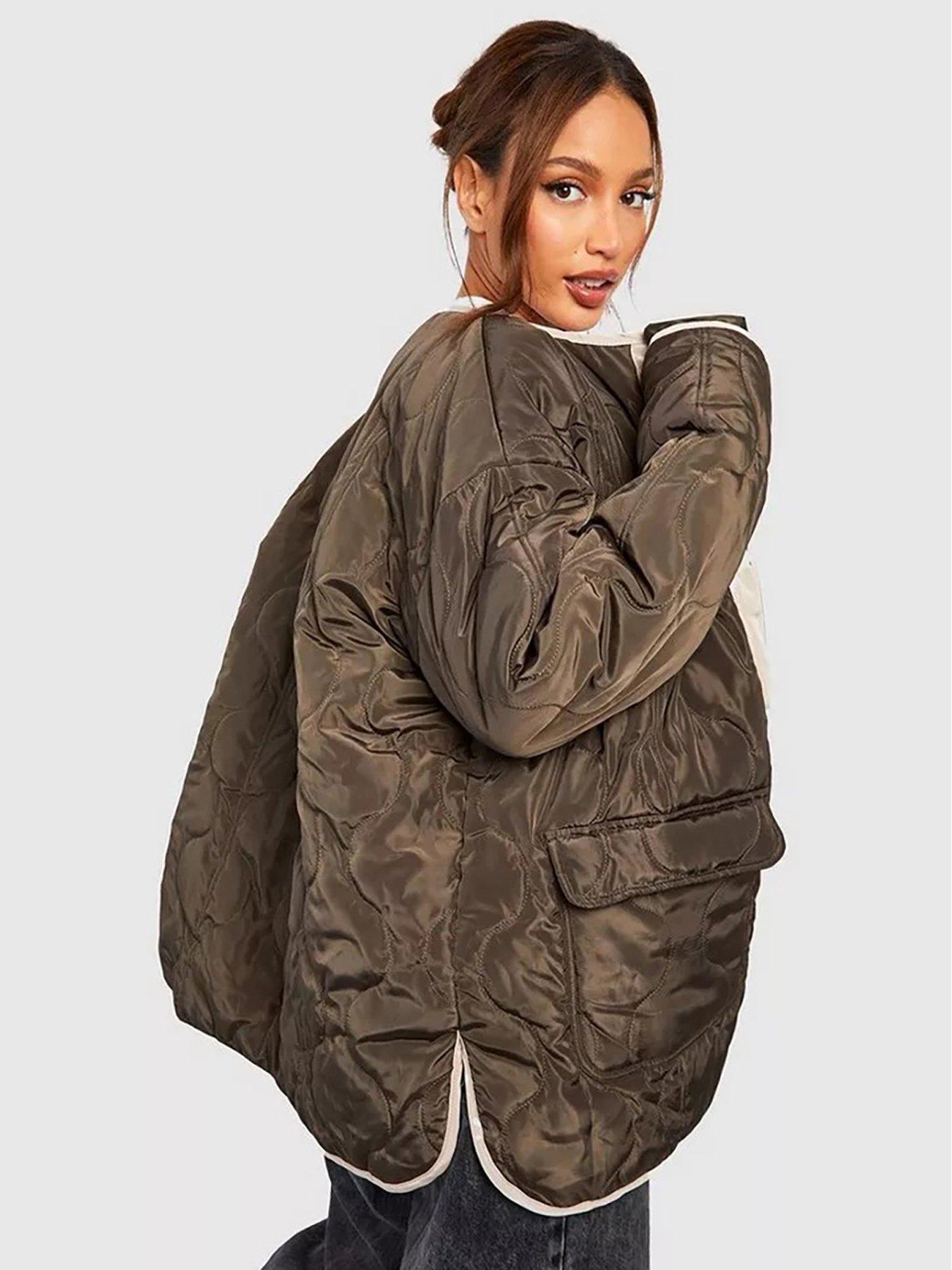 Boohoo Quilted Oversized Jacket Khaki