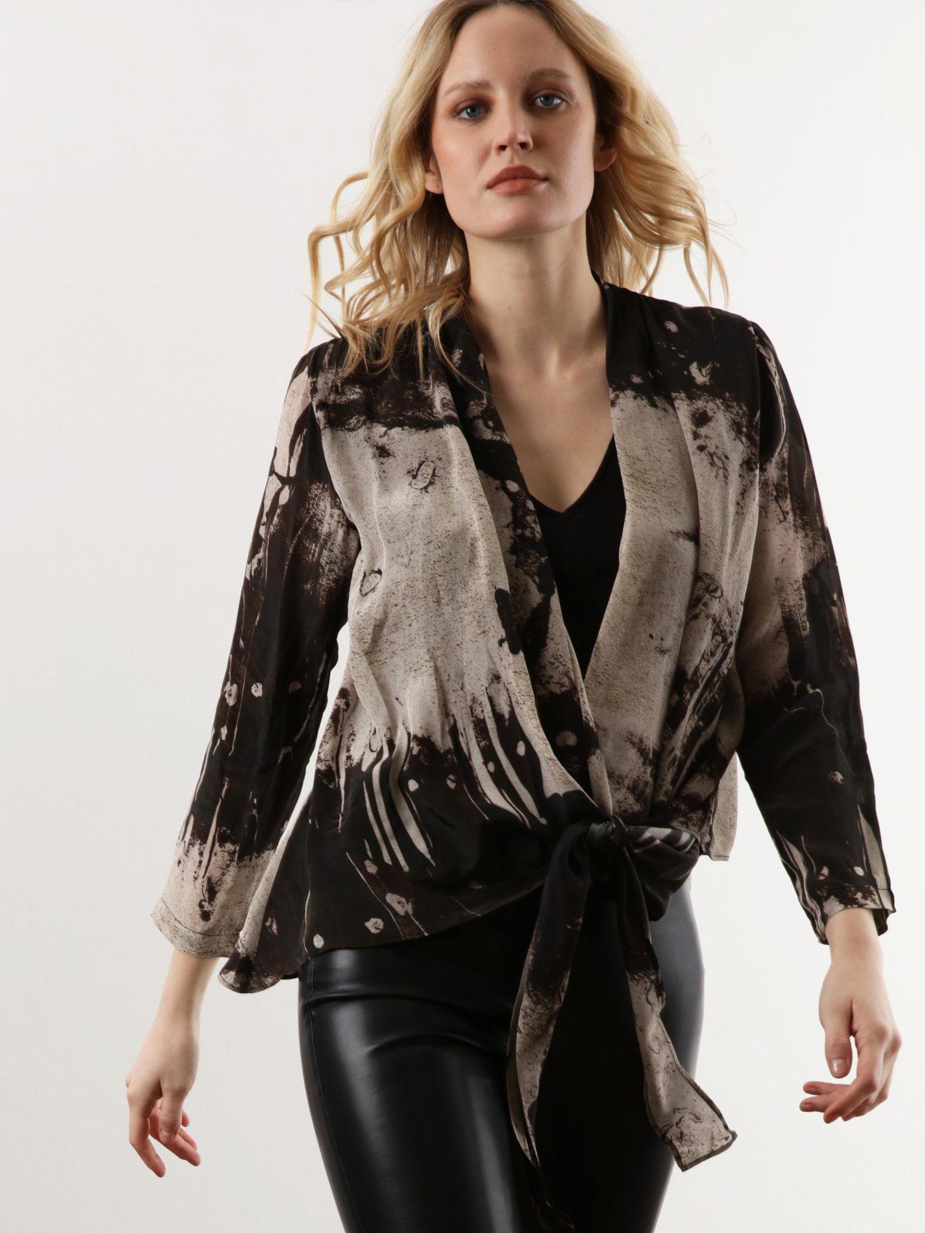 Religion Long Sleeve Tie Front Double Layer Top - Black/neutral