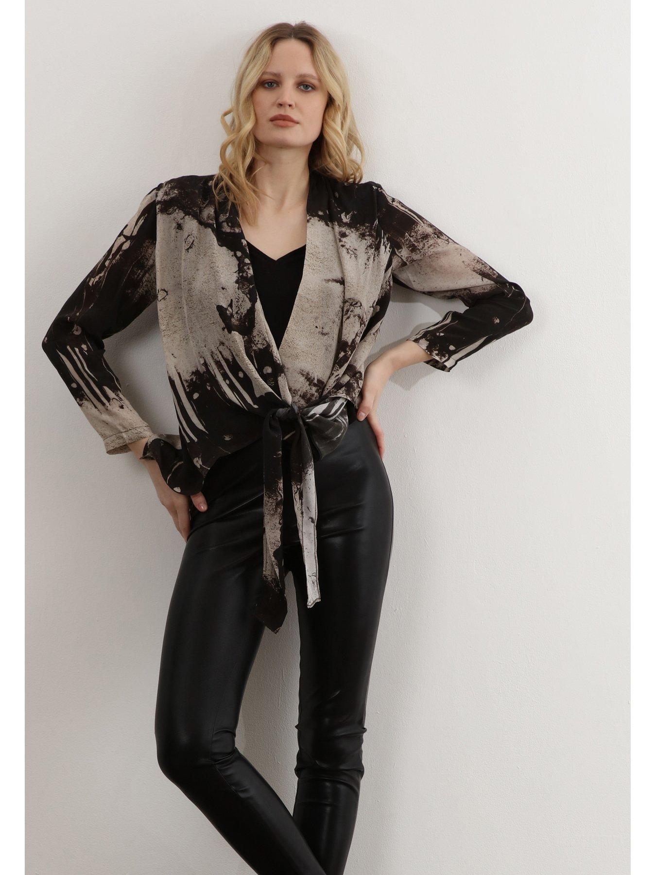  image of religion-long-sleeve-tie-front-double-layer-top-blackneutral