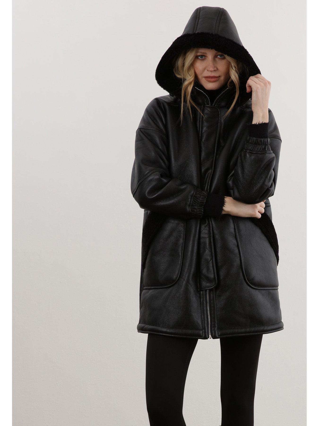 Religion Black Shearling And Leather Look Hooded Coat Black littlewoods