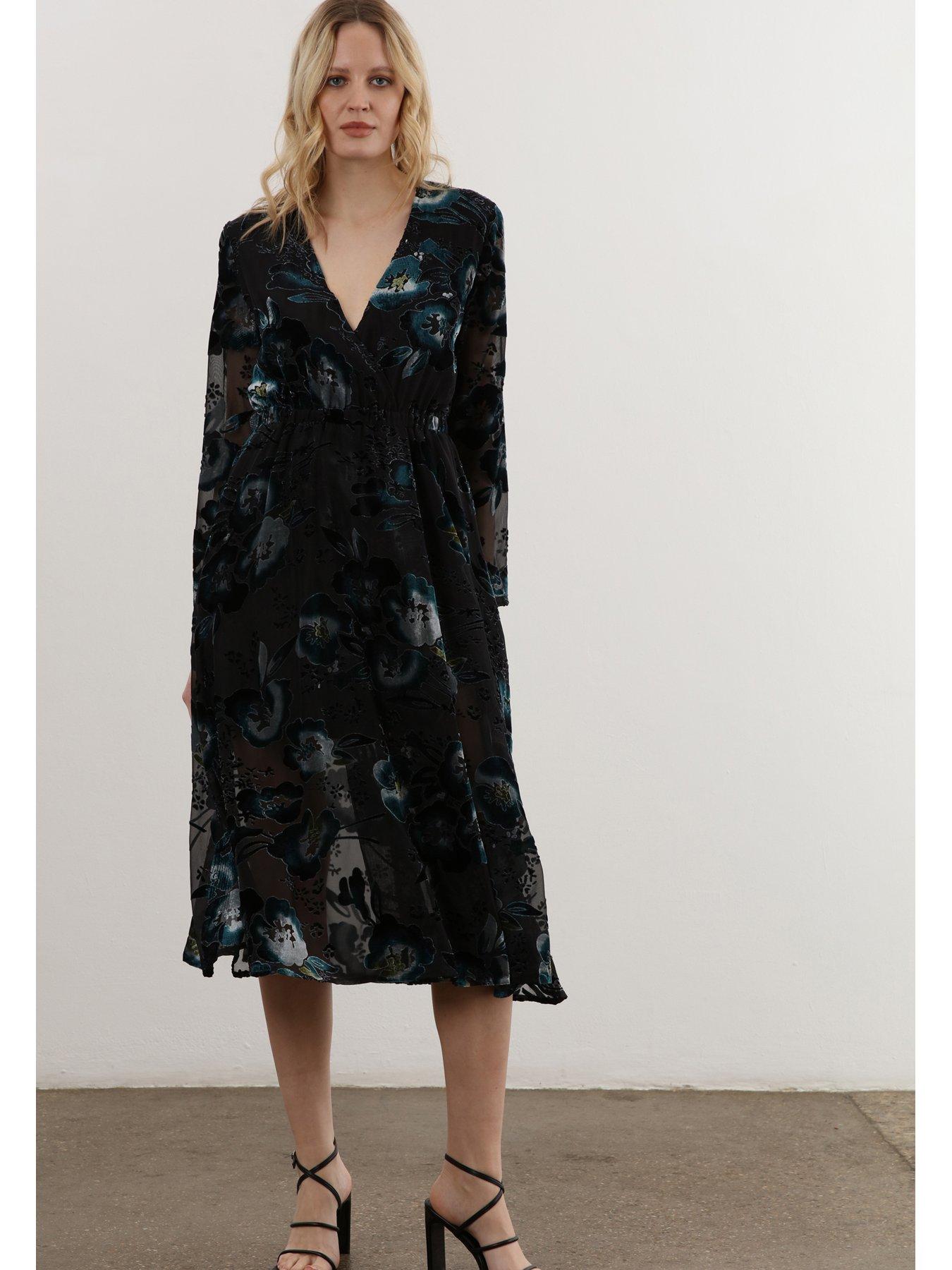 undefined Velvet Floral Midi Wrap Dress  - Black