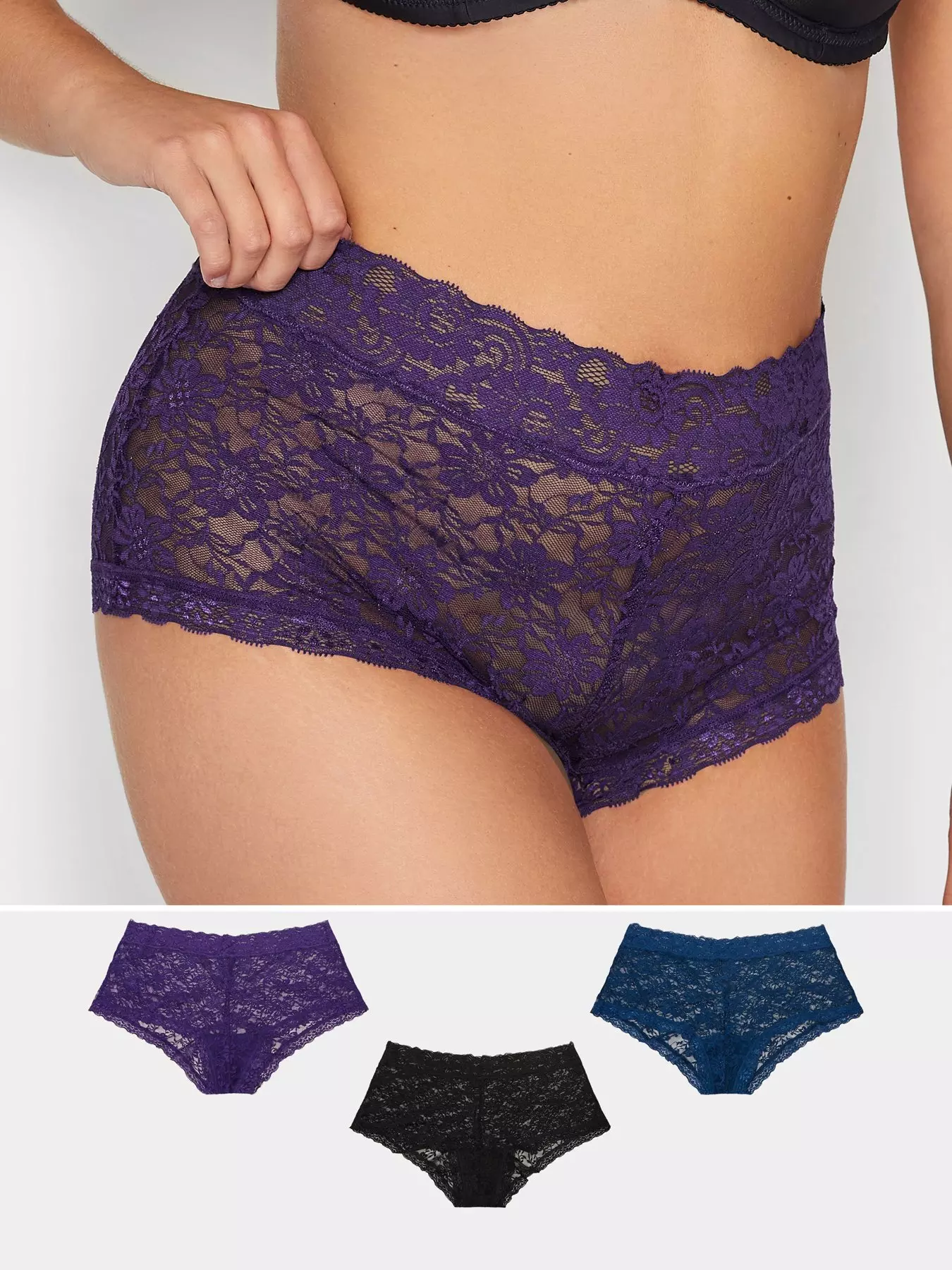 ASOS DESIGN Curve 3 pack thong in no VPL & lace in lilac, blue & blossom