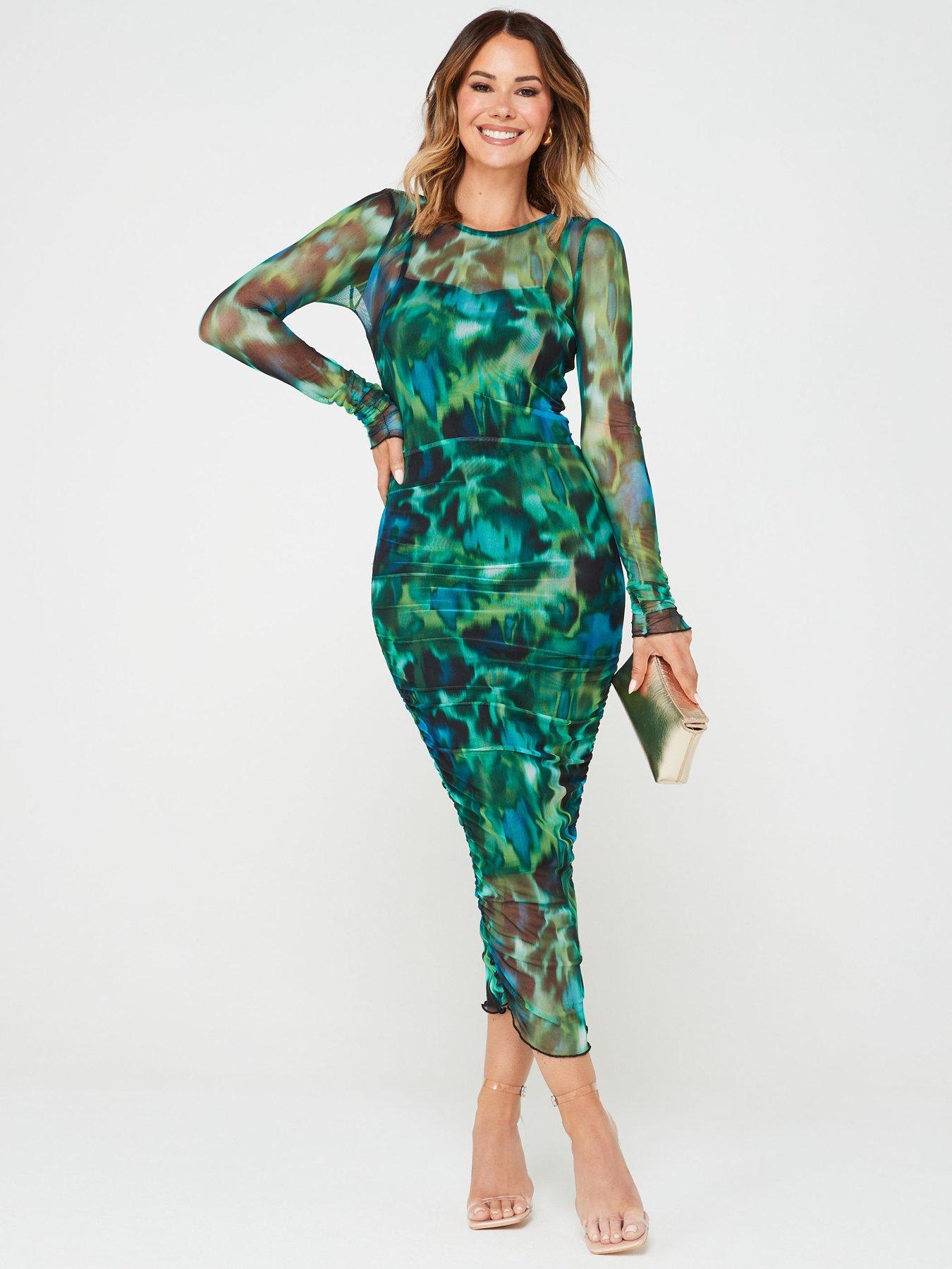 V by Very X Carol Byrne Ruched Mesh Midi Dress - Green