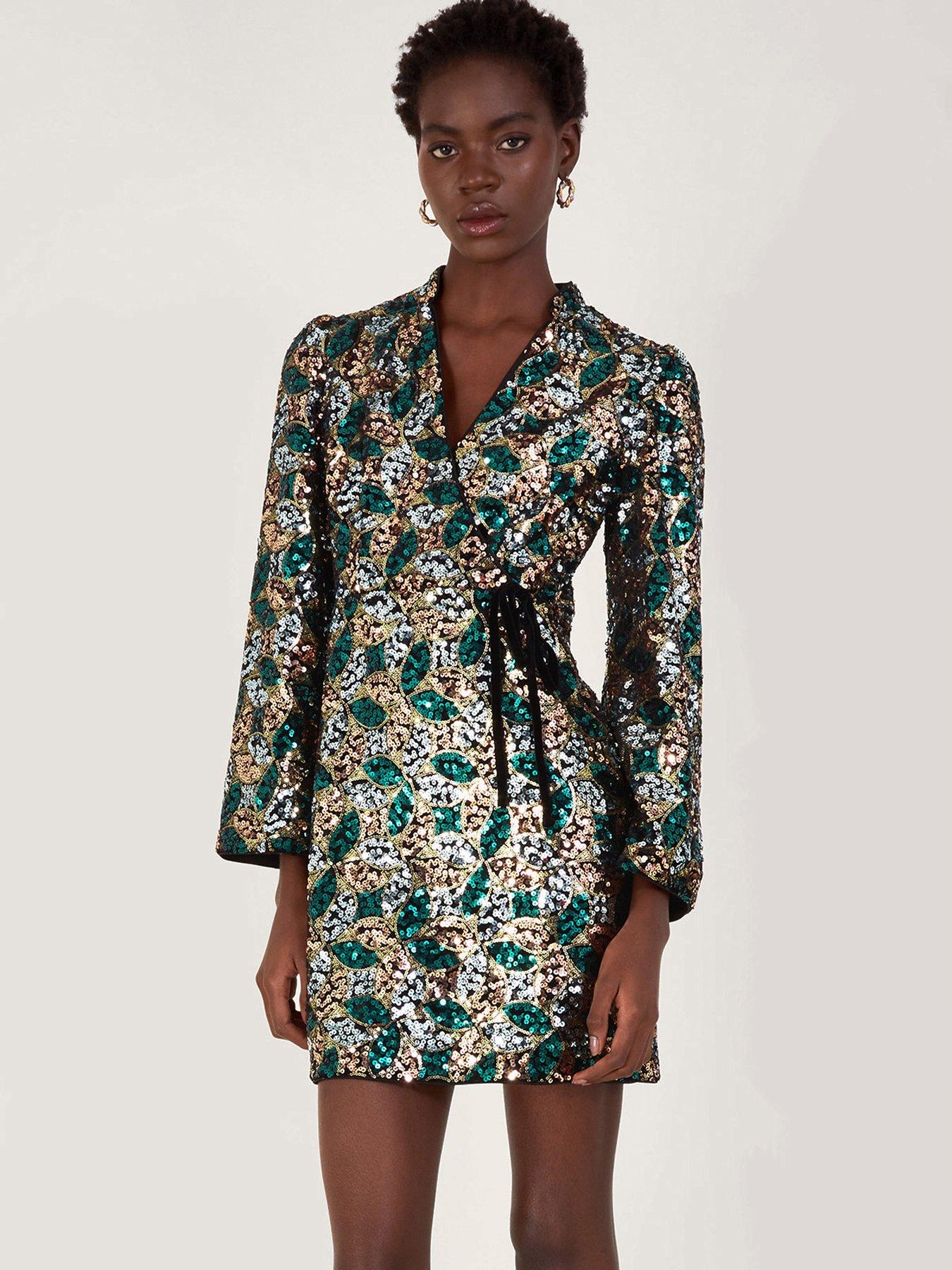 Image 1 of 5 of Monsoon Sasha Sequin Wrap Dress - Gold
