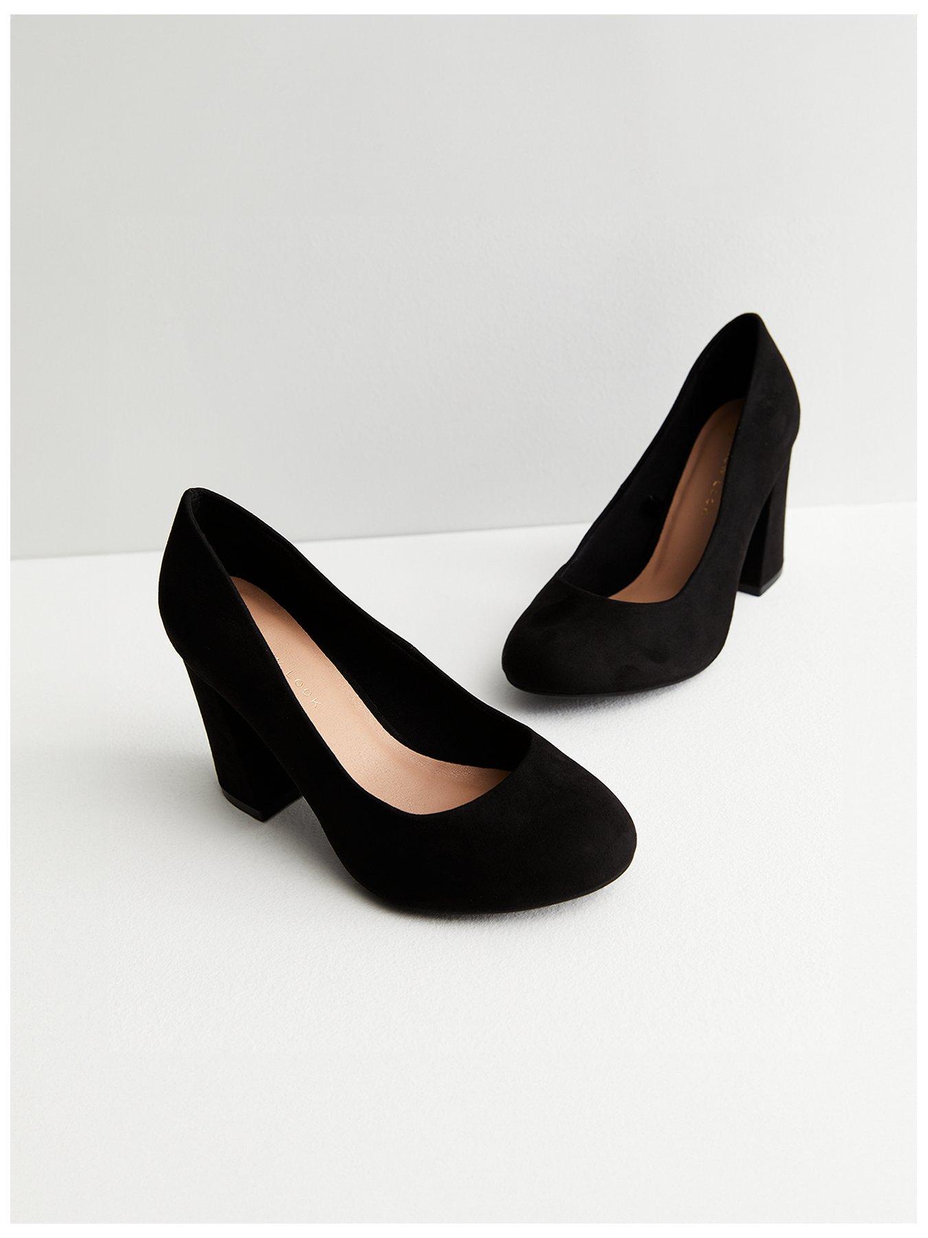 Extra Wide Fit Black Suedette Block Heel Court Shoes