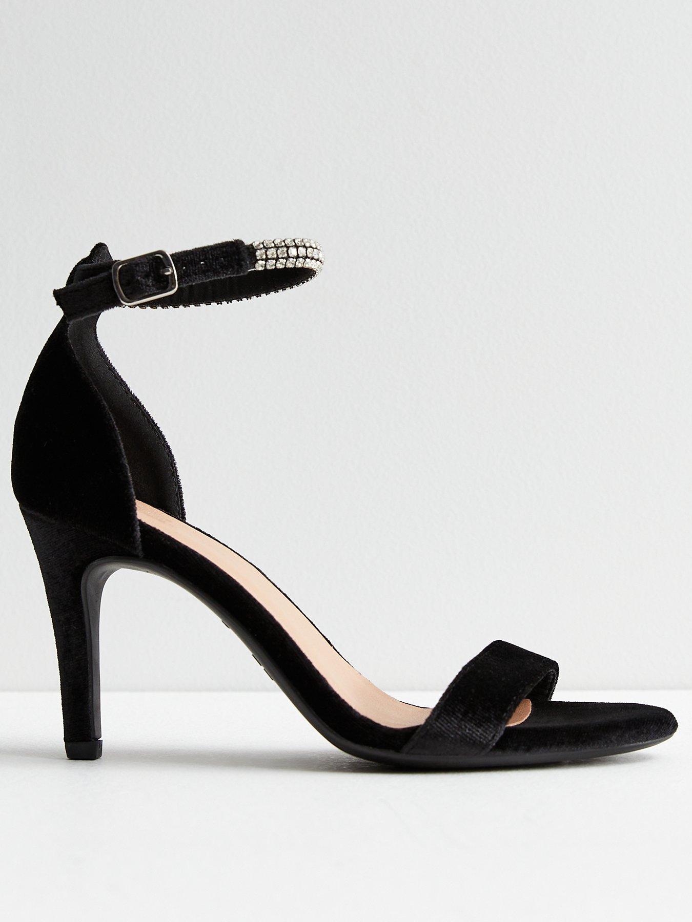 Black Faux Croc Flared Heel Strappy Sandals | New Look