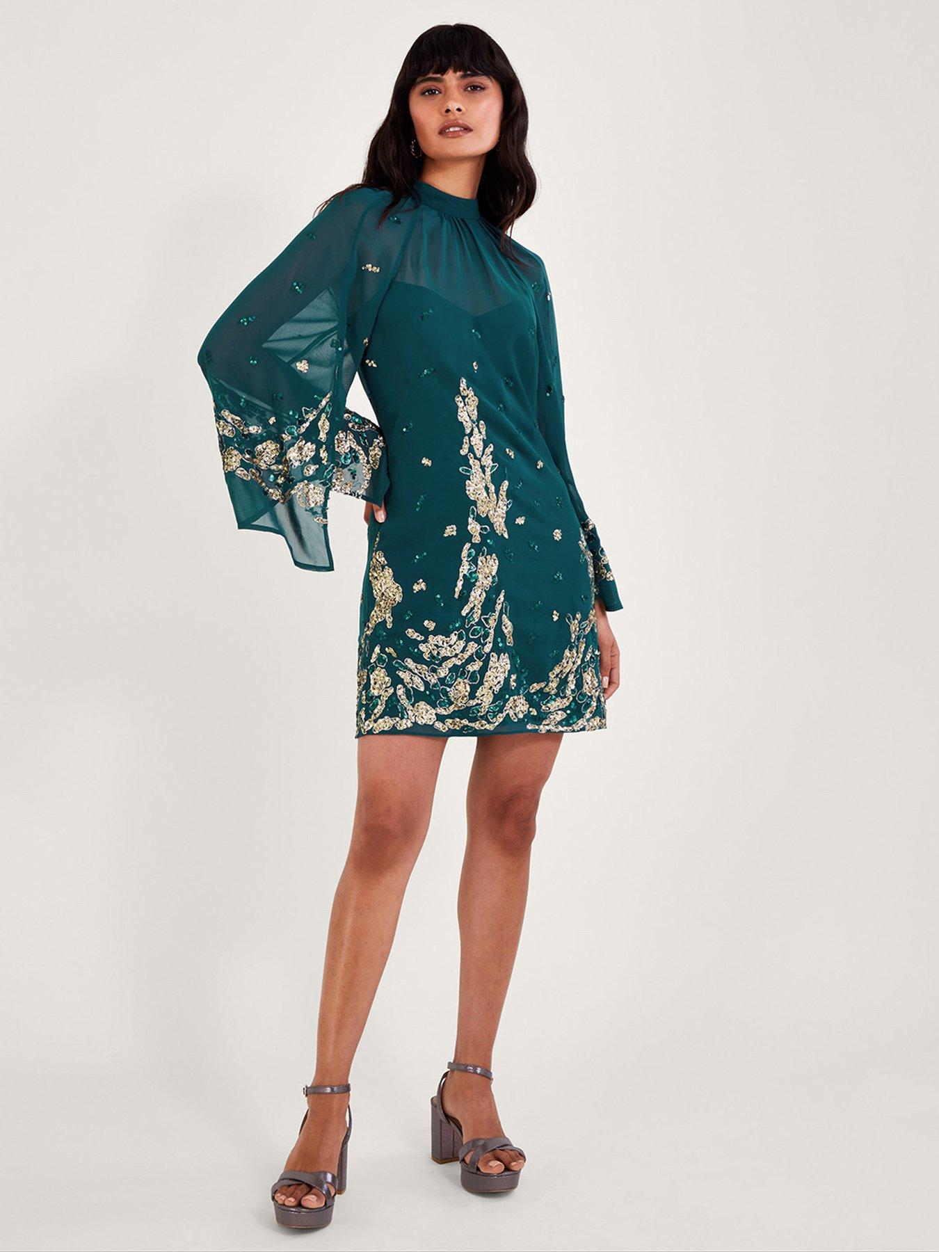 Dark Green Lace High Neck Mini Tunic Dress