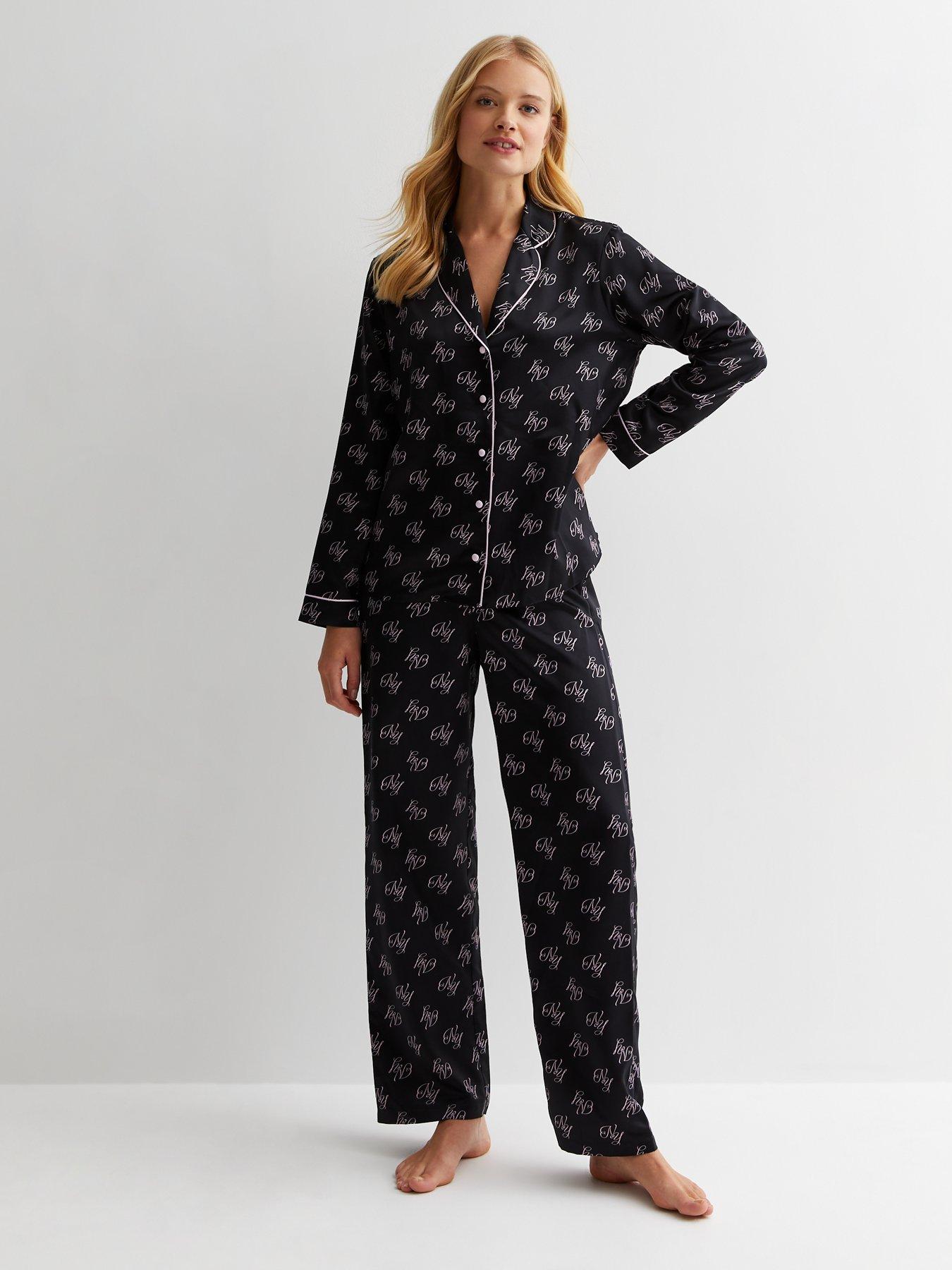 New Look Black Satin Trouser Pyjama Set with Letter Print