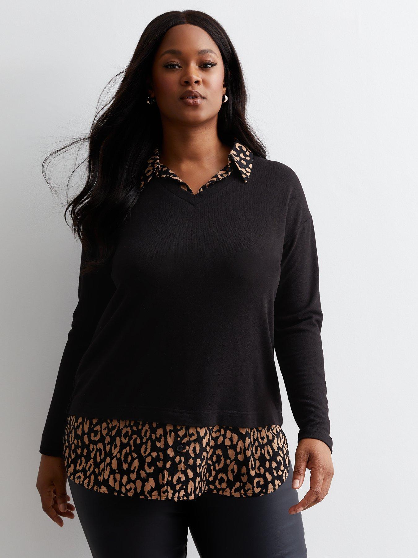 New Look Curves Black Animal Print 2 In 1 Shirt Jumper