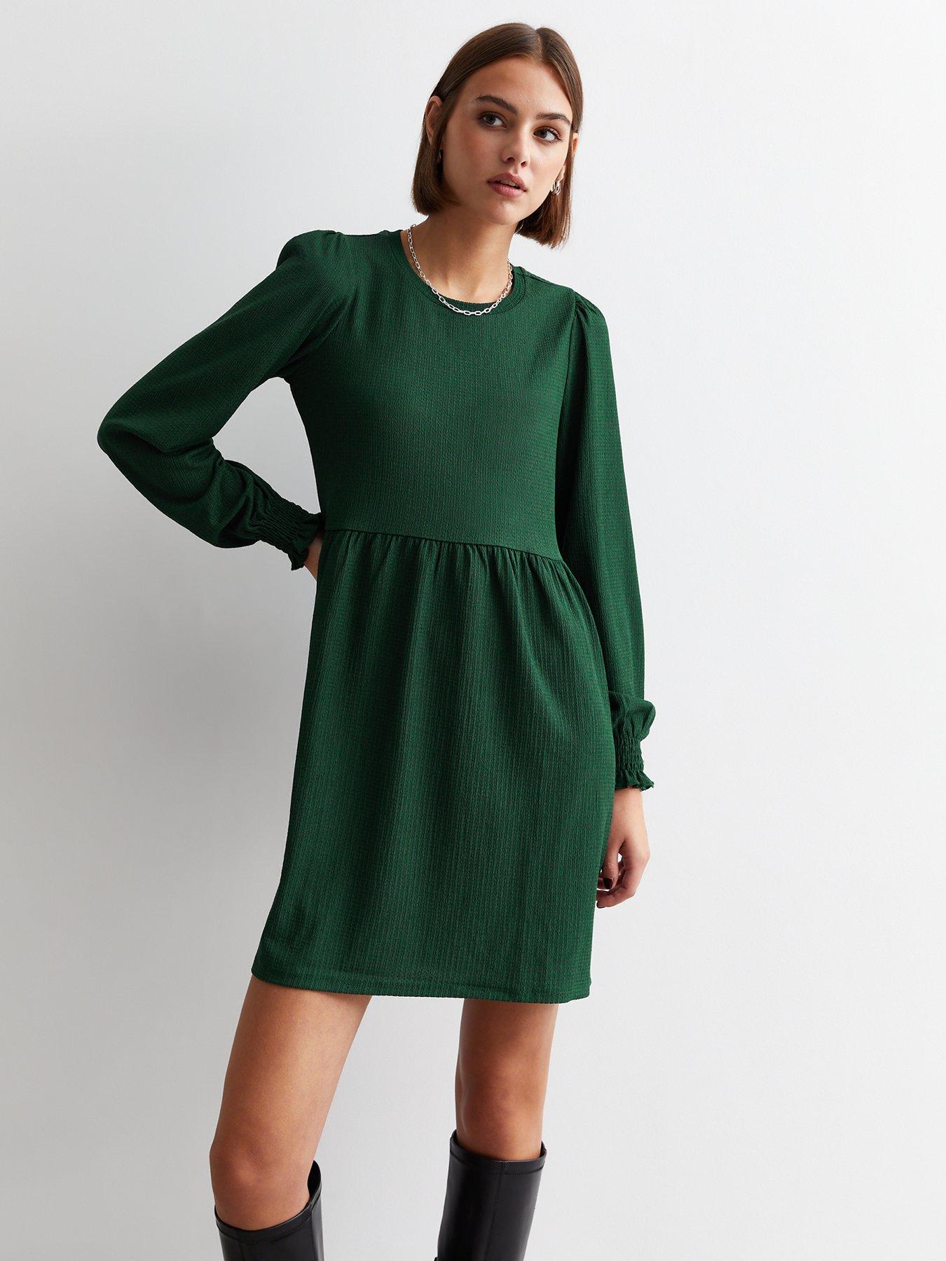 New Look Dark Green Crinkle Long Sleeve Smock Mini Dress littlewoods