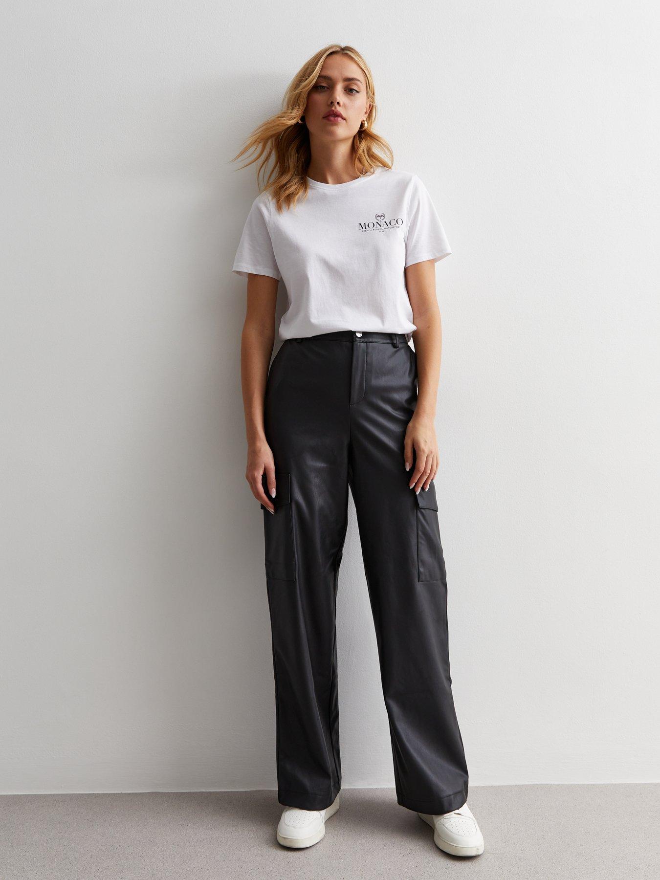 AX Paris Black Faux Leather Straight Leg Belted Trousers