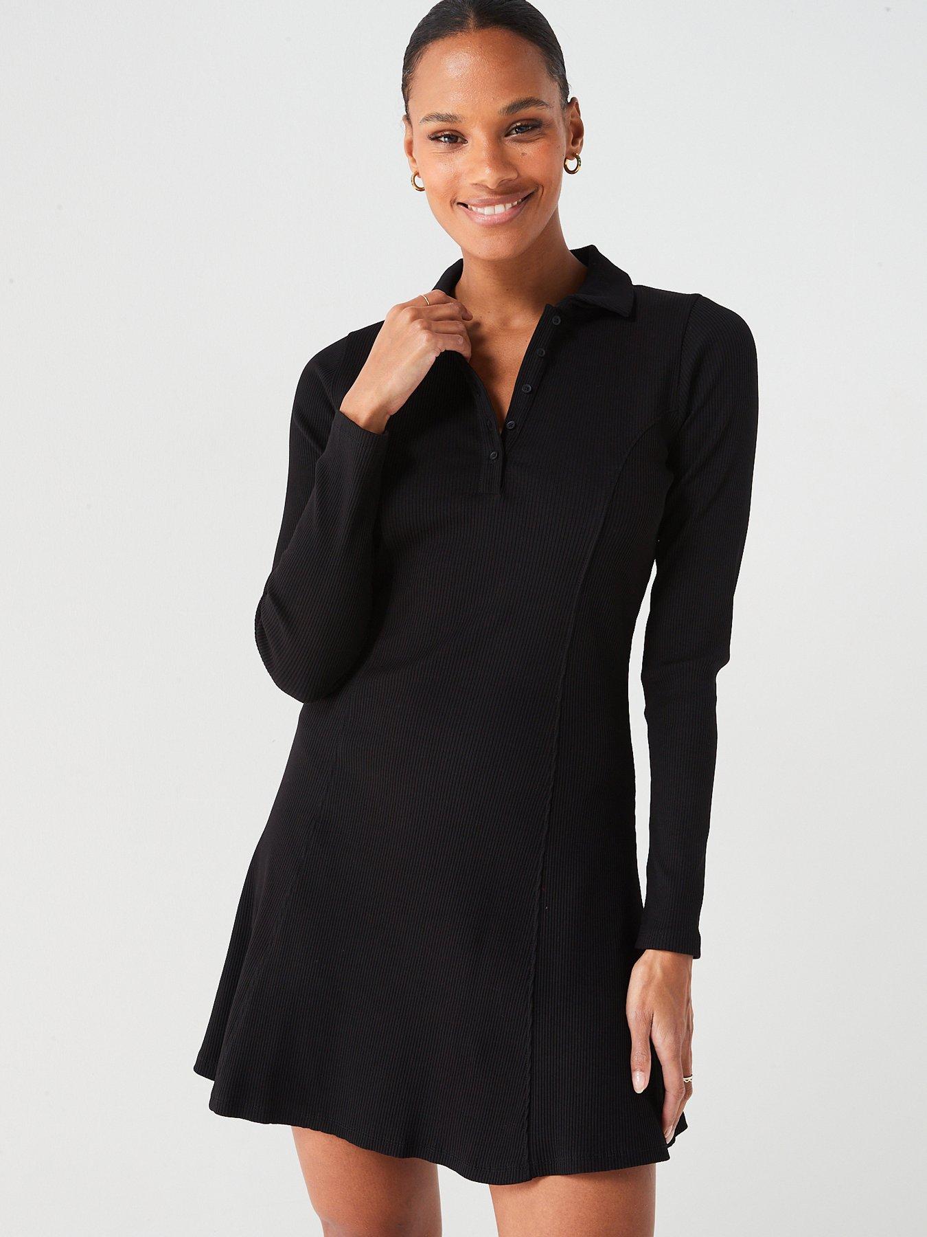 Rib Button Mini Dress Black